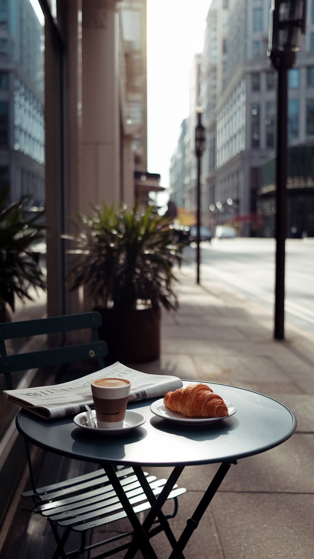 A cozy balcony setup with a cup of coffee and a croissant on a small table, surrounded by city buildings.