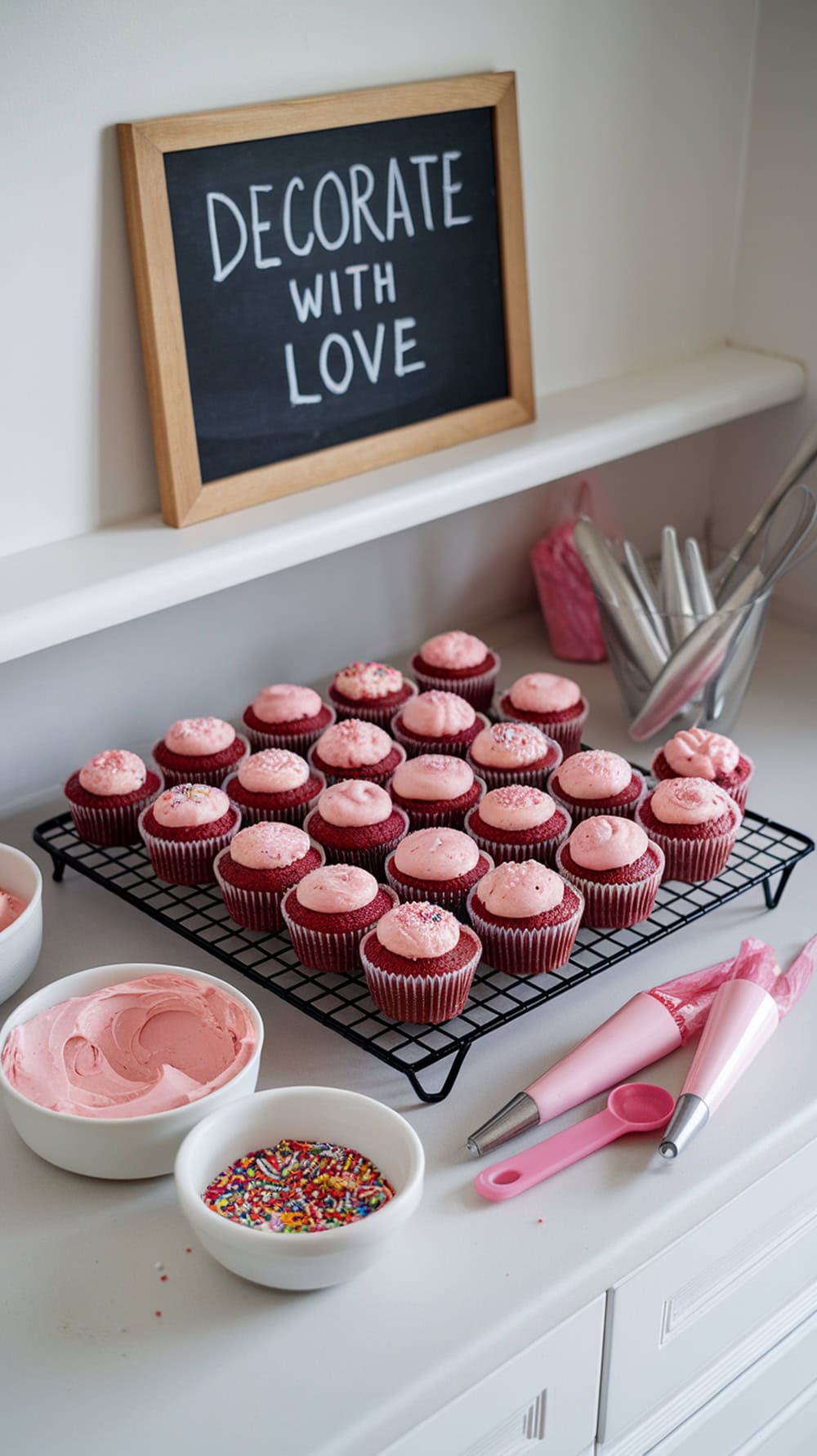 A table with decorated cupcakes, pink frosting, sprinkles, and a sign that says 'Decorate with Love'.