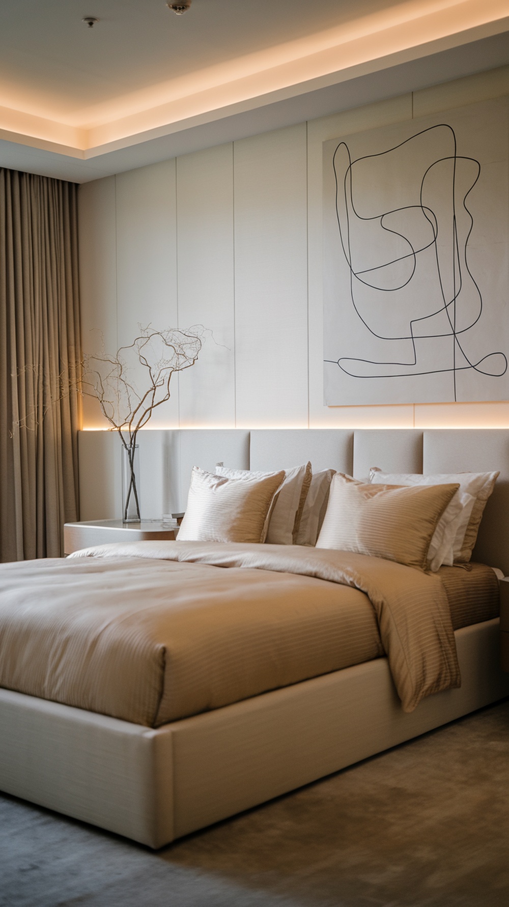A modern bedroom with neutral tones, soft bedding, and minimalist decor.