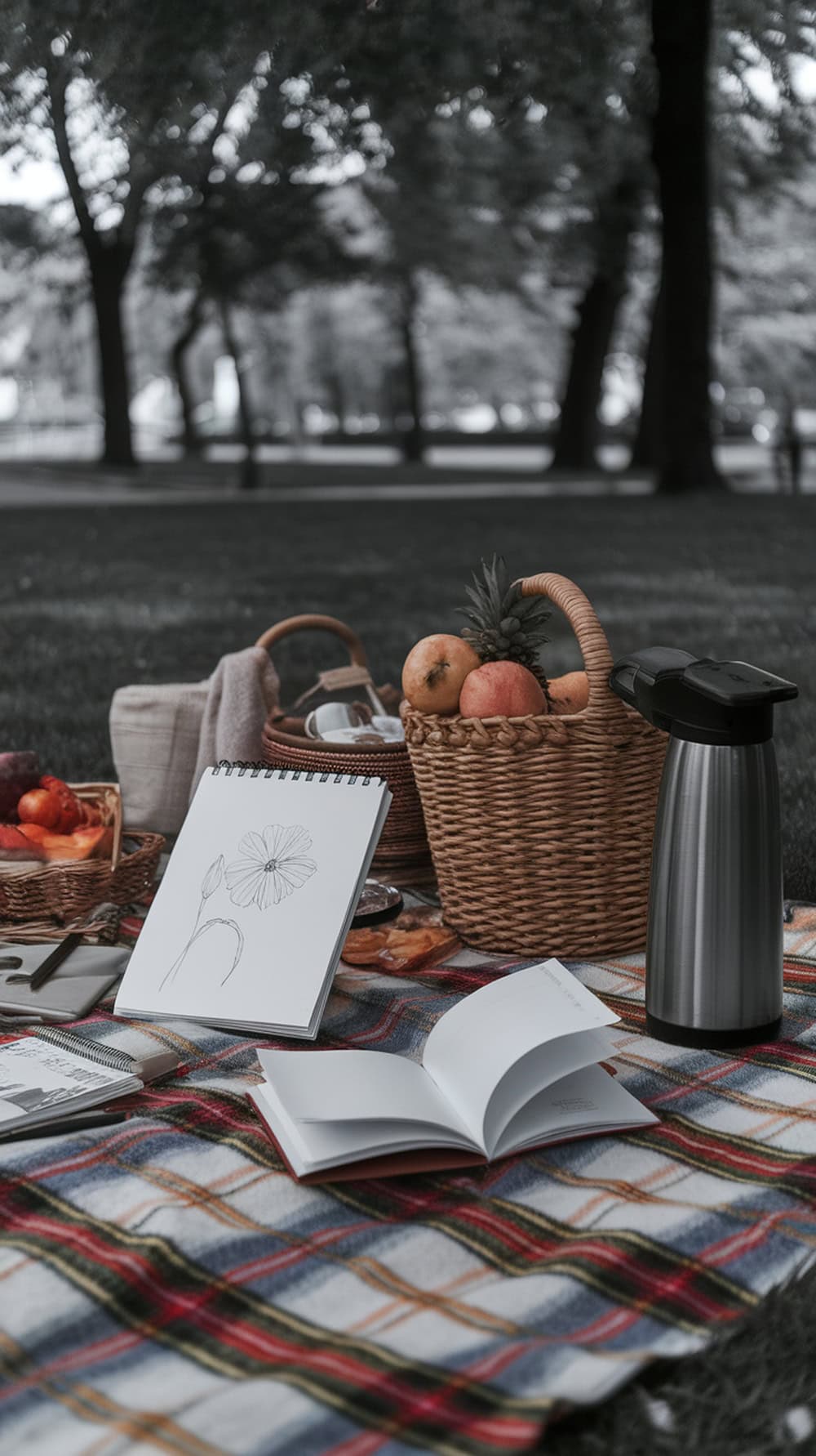 A picnic setup in a park featuring a sketchbook, fruits, and a thermos on a blanket.