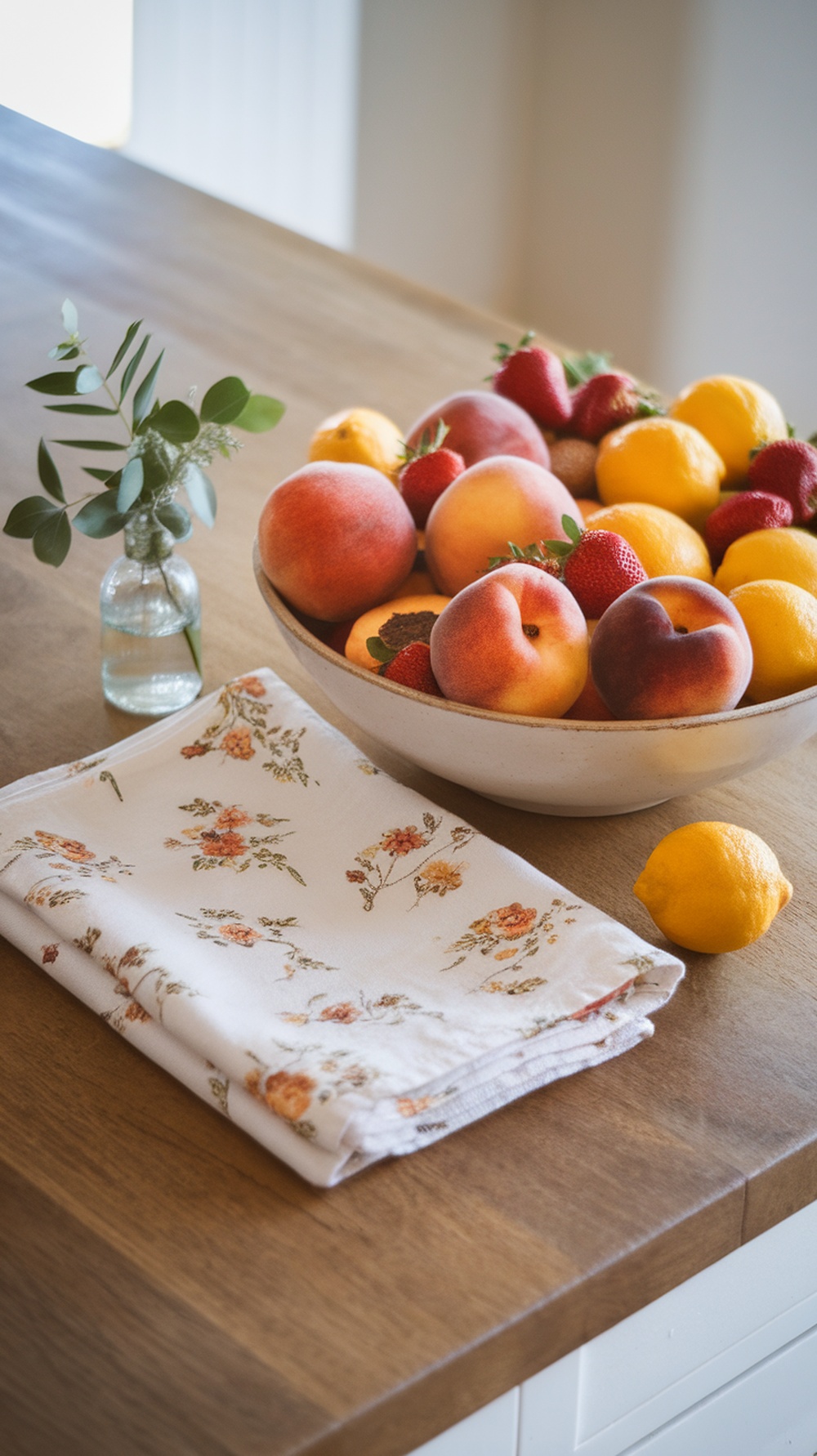 A bowl of fresh spring fruits including peaches, strawberries, and lemons on a wooden kitchen island with a floral napkin and a small vase of greenery.
