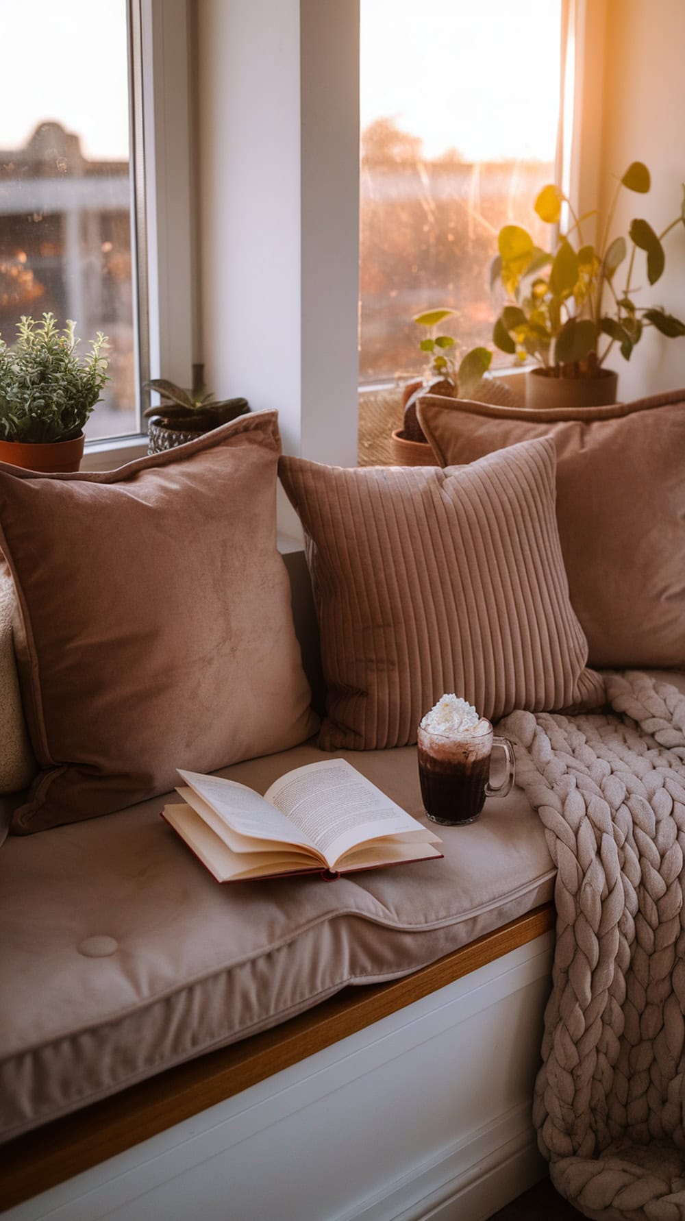 Cozy sunroom reading nook with pillows, an open book, and a drink