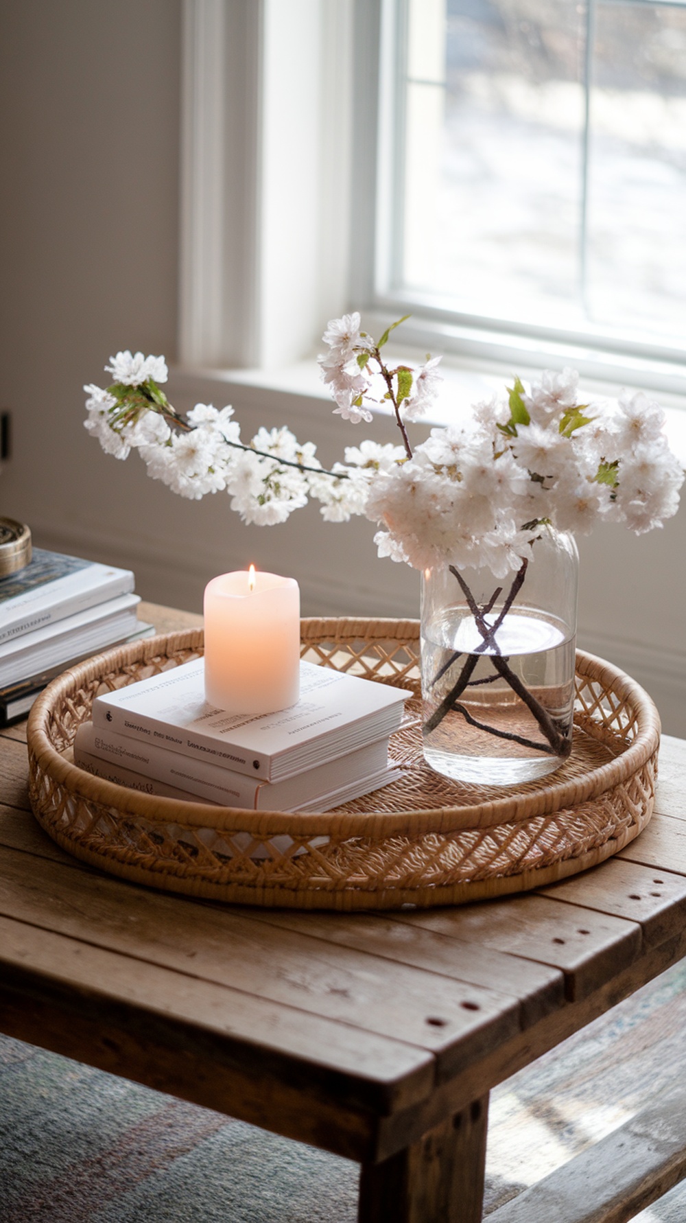 A neutral spring coffee table decor featuring a vase with white flowers, a lit candle, and stacked books on a woven tray.
