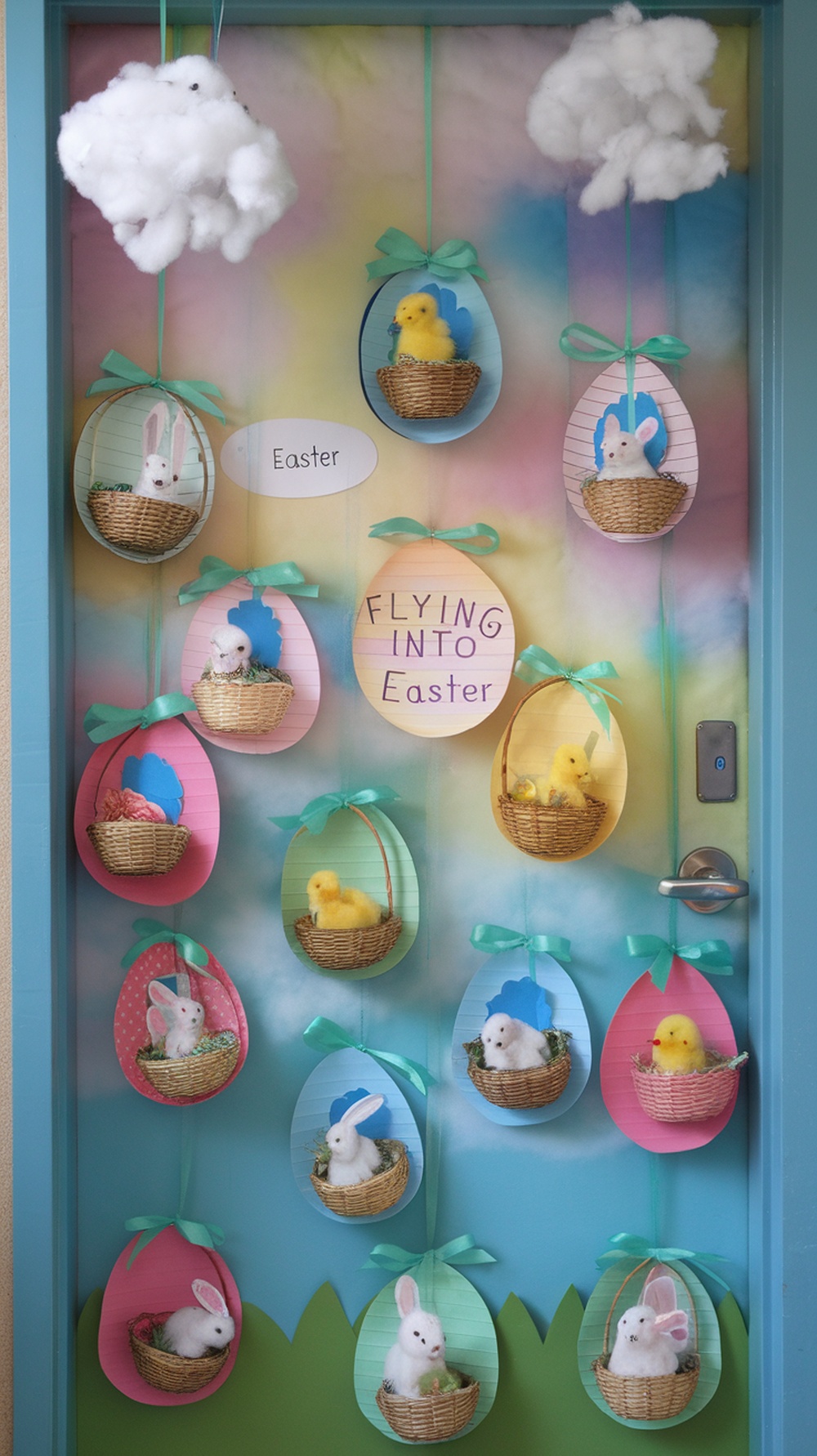 Easter door decoration featuring colorful egg-shaped hot air balloons with bunnies and chicks in baskets, fluffy clouds, and a pastel background.