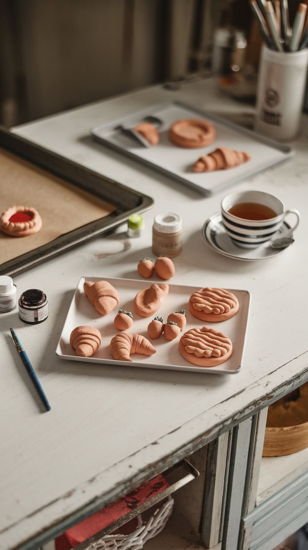 A cozy workspace with miniature clay food items like croissants and strawberries, a cup of tea, and sculpting tools.