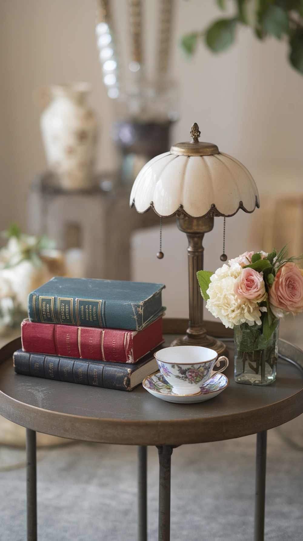 A styled side table featuring stacked books, a lamp, a teacup, and fresh flowers.