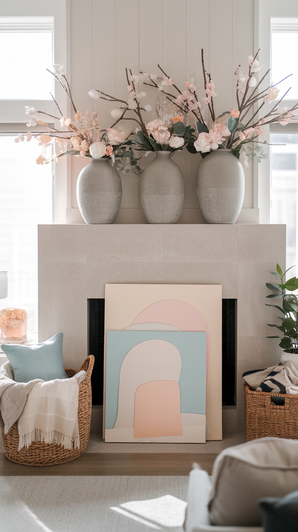 A spring-inspired fireplace hearth with pastel flowers in vases, art pieces, and cozy decor.