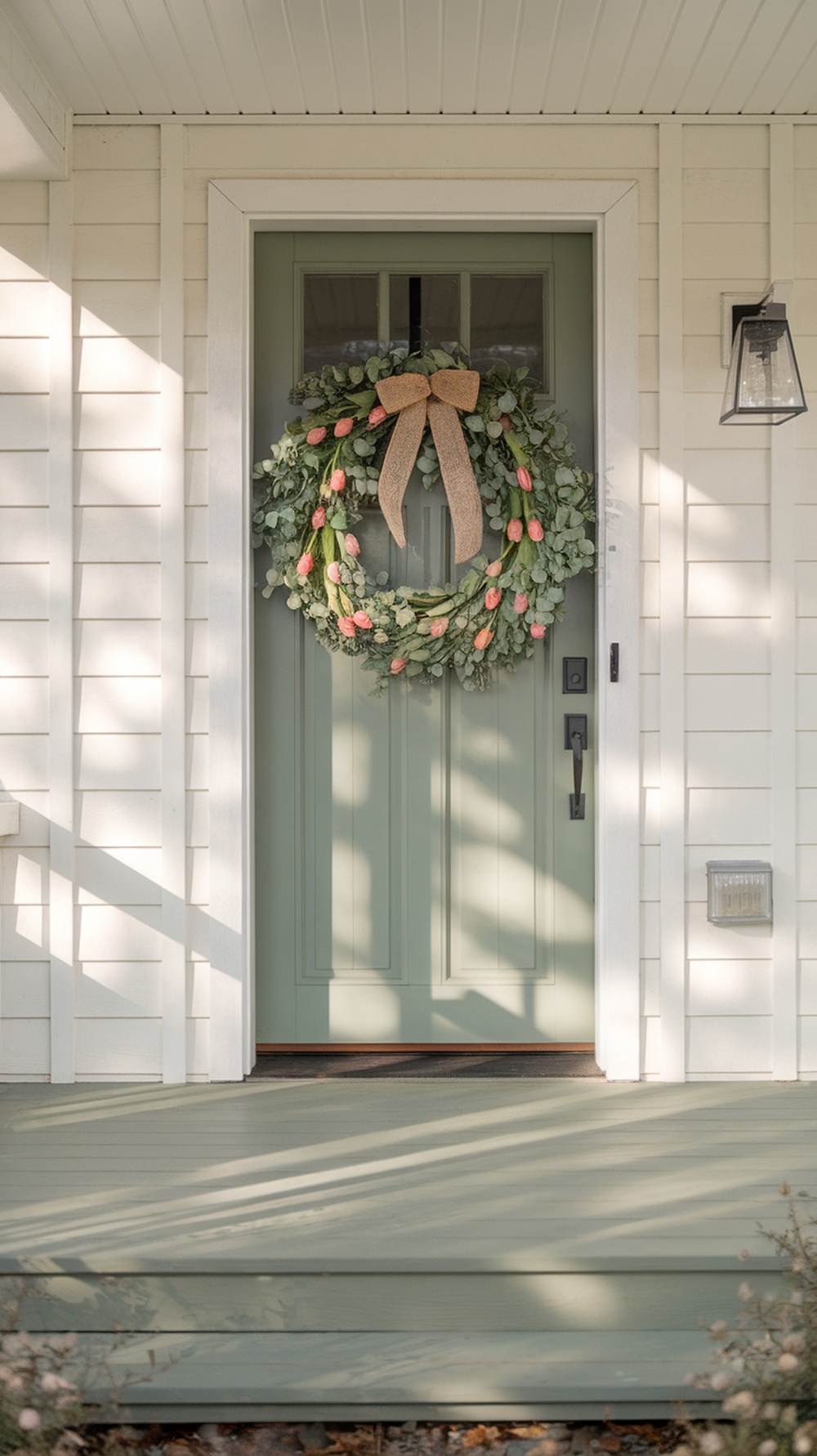 A spring wreath made of eucalyptus leaves and pink tulips, adorned with a burlap bow, hanging on a green front door.