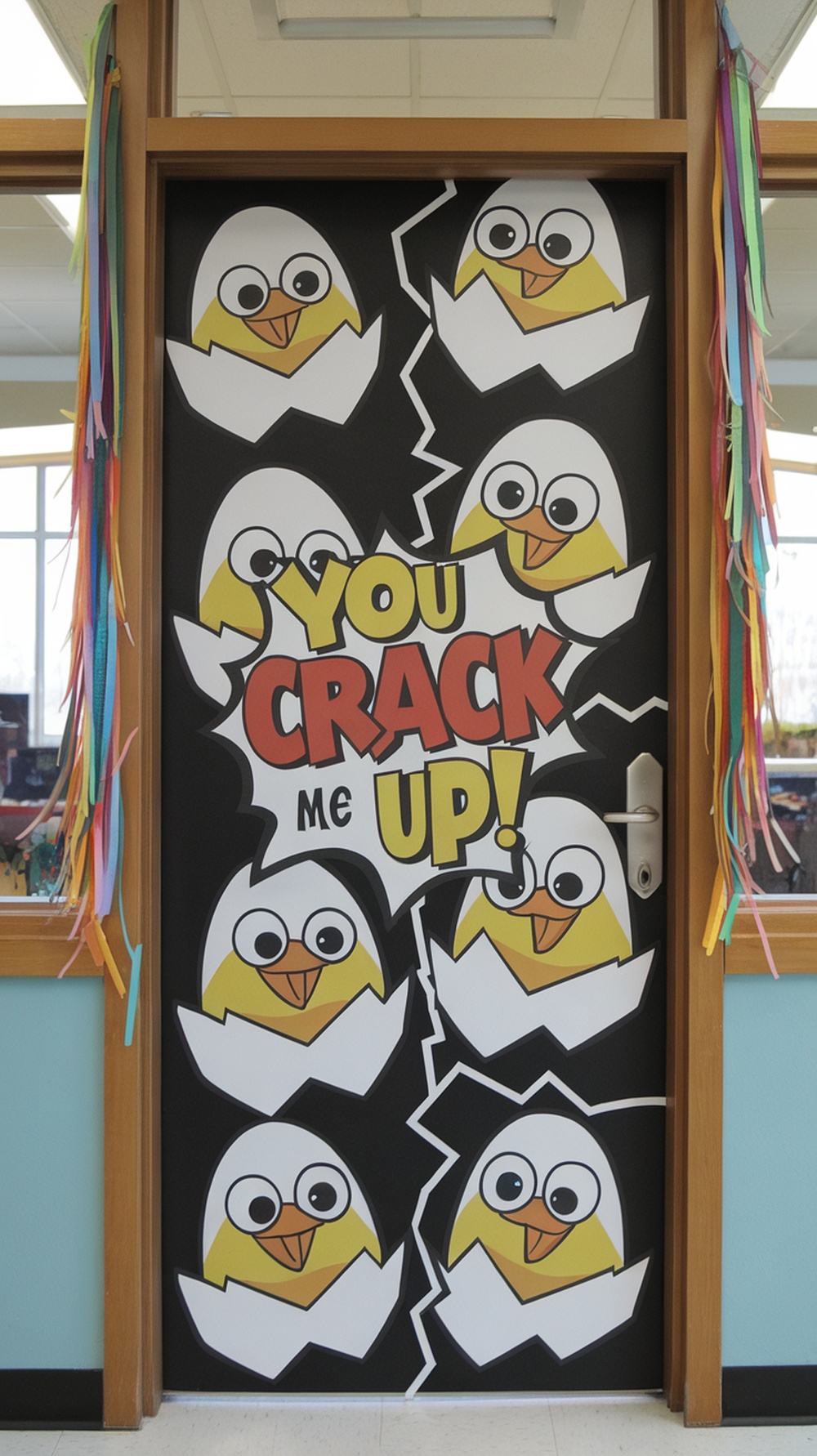 A classroom door decorated with cartoon chicks and the phrase 'You Crack Me Up!'