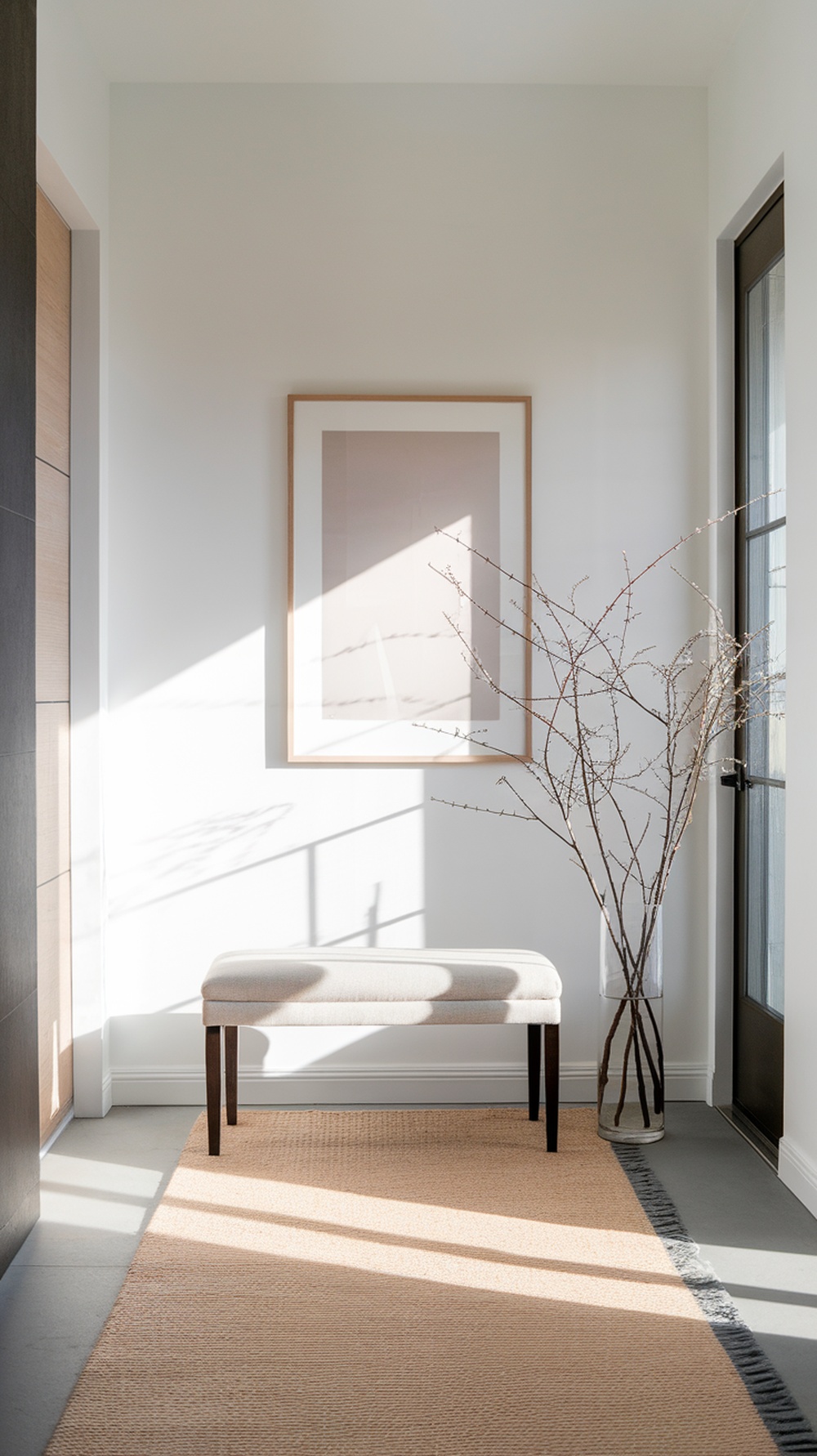 A bright entryway featuring a soft bench, a woven rug, and a vase with branches, showcasing layered textures.