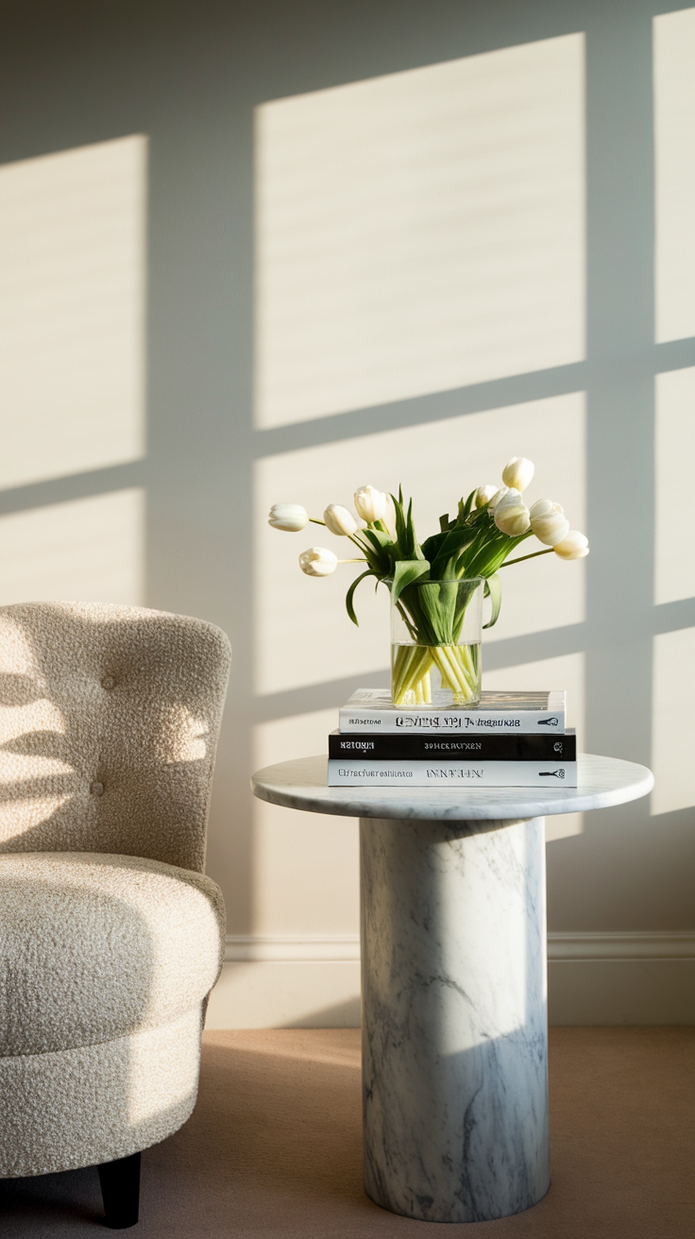 A cozy nook featuring a plush chair, a marble side table with stacked books, and a vase of white tulips.