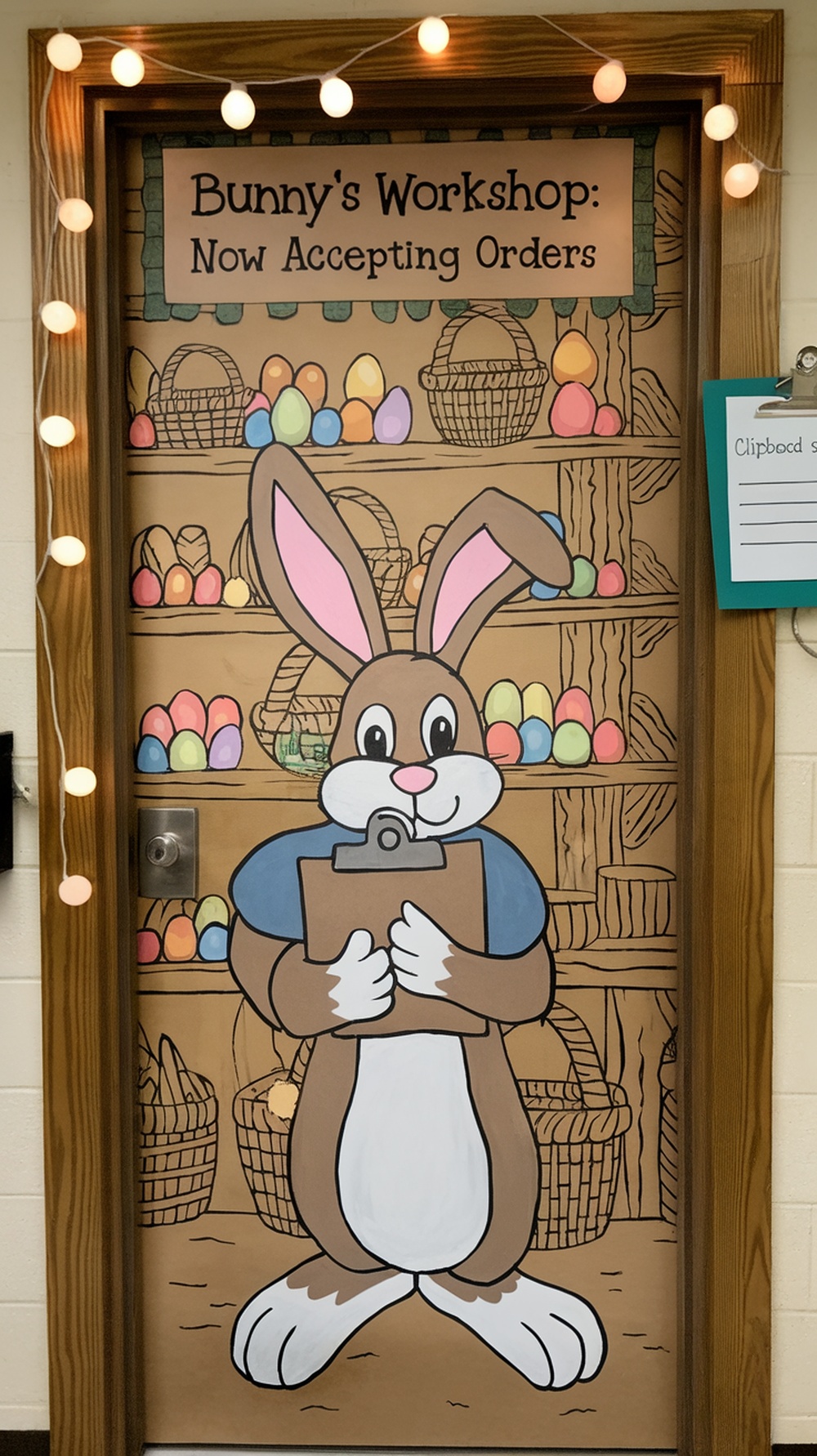 Easter Bunny Workshop door decor with a bunny holding a clipboard and colorful eggs in baskets.