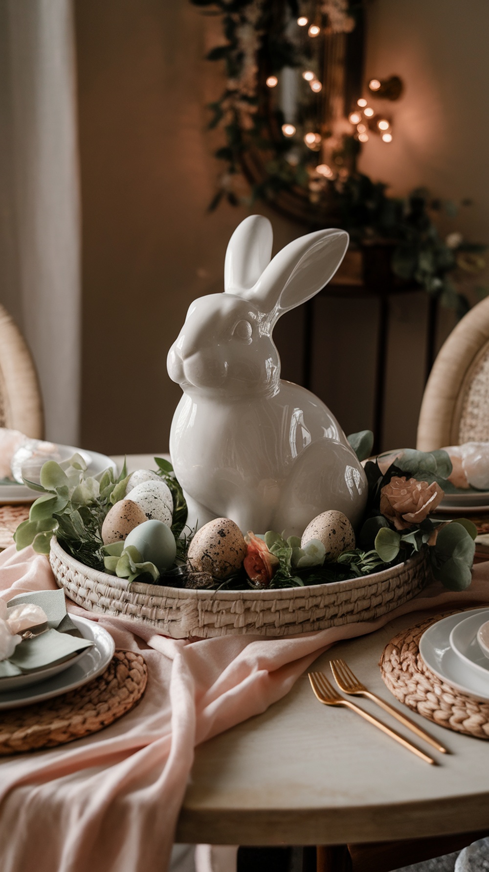 A spring table centerpiece featuring a white bunny, colorful eggs, and greenery on a woven tray.