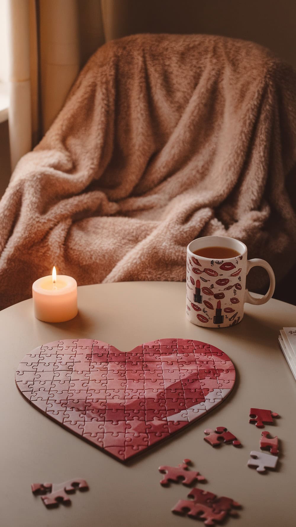 A cozy setup featuring a heart-shaped puzzle, a candle, and a mug on a table.