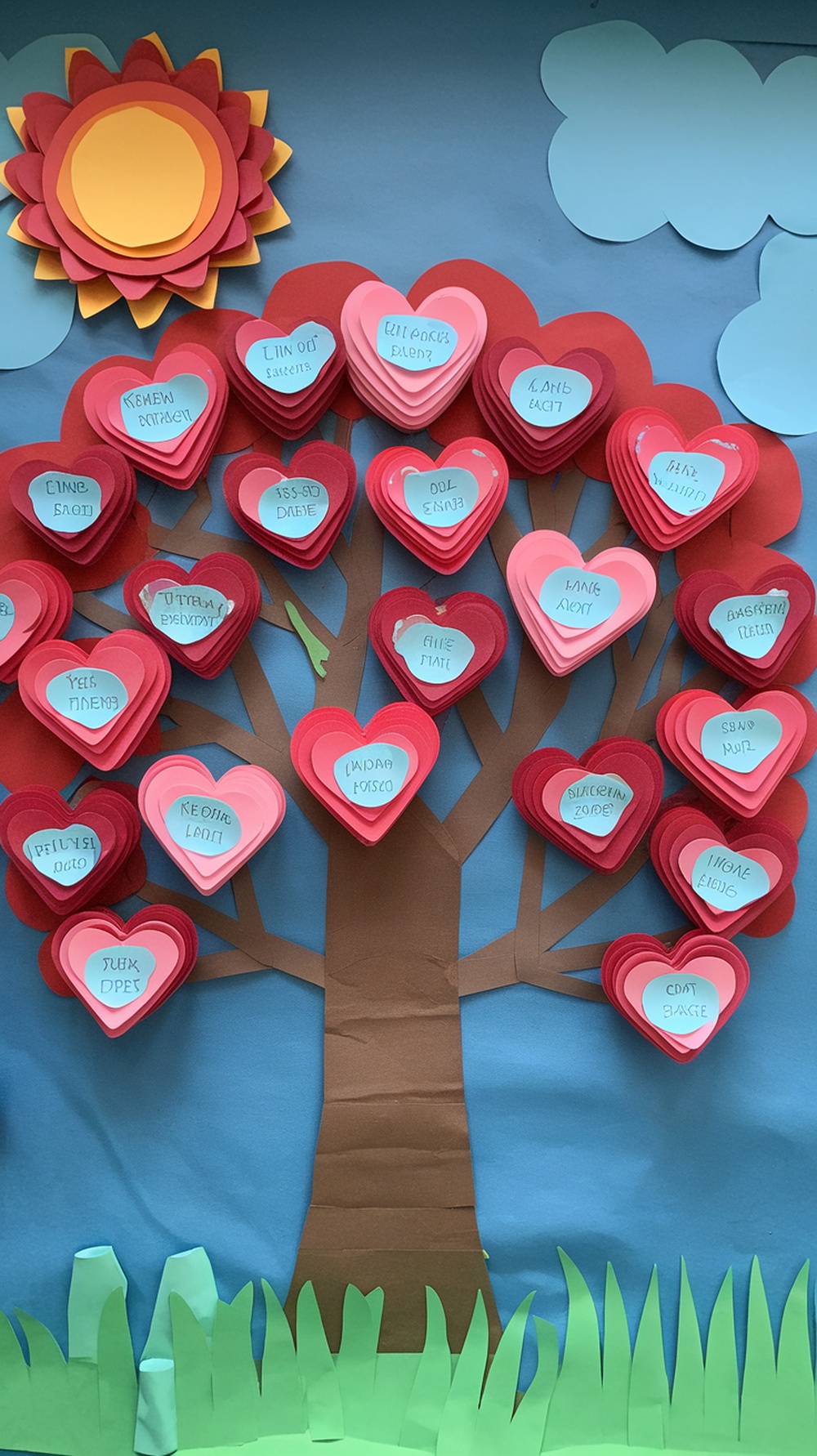 A colorful classroom door decoration featuring a tree with hearts representing kindness.