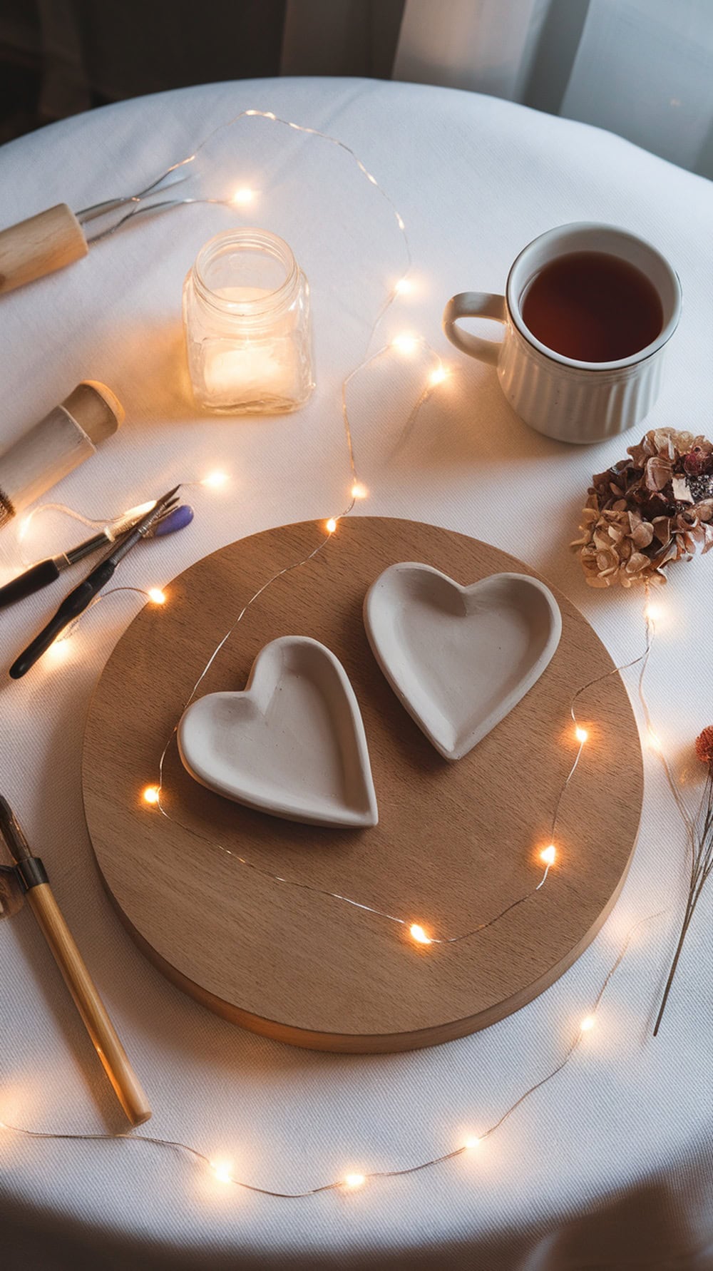 Two heart-shaped clay trinket dishes on a wooden plate, surrounded by fairy lights and crafting tools.