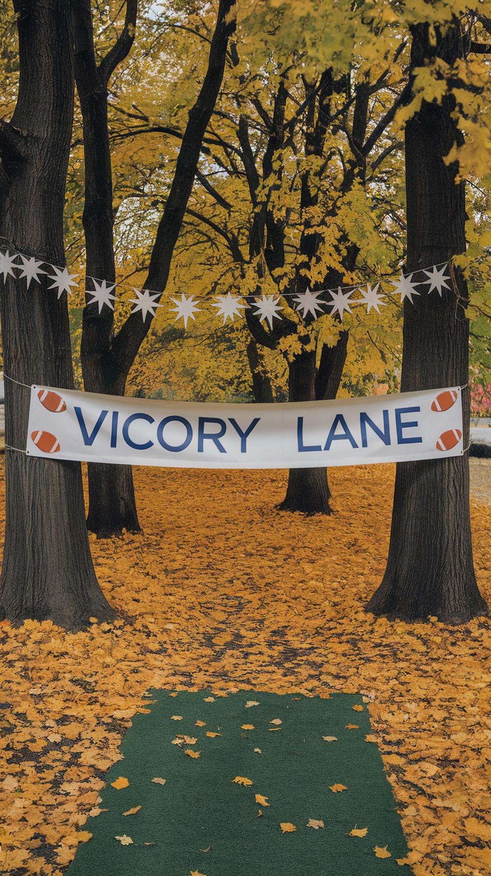 A 'Victory Lane' banner hanging between trees, with a green carpet and autumn leaves on the ground.