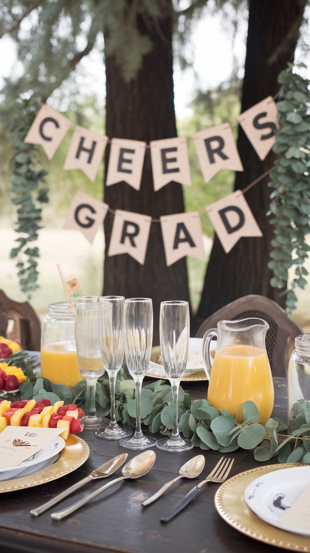 An outdoor graduation party setup featuring a mimosa and juice bar with a 'Cheers Grad' banner, fresh fruits, and sparkling glassware.