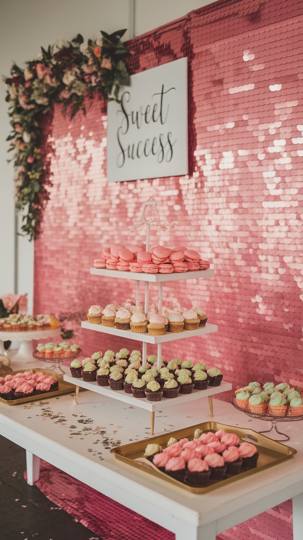 A pink dessert table featuring macarons, cupcakes, and a shiny sequin backdrop with a sign that says 'Sweet Success'.
