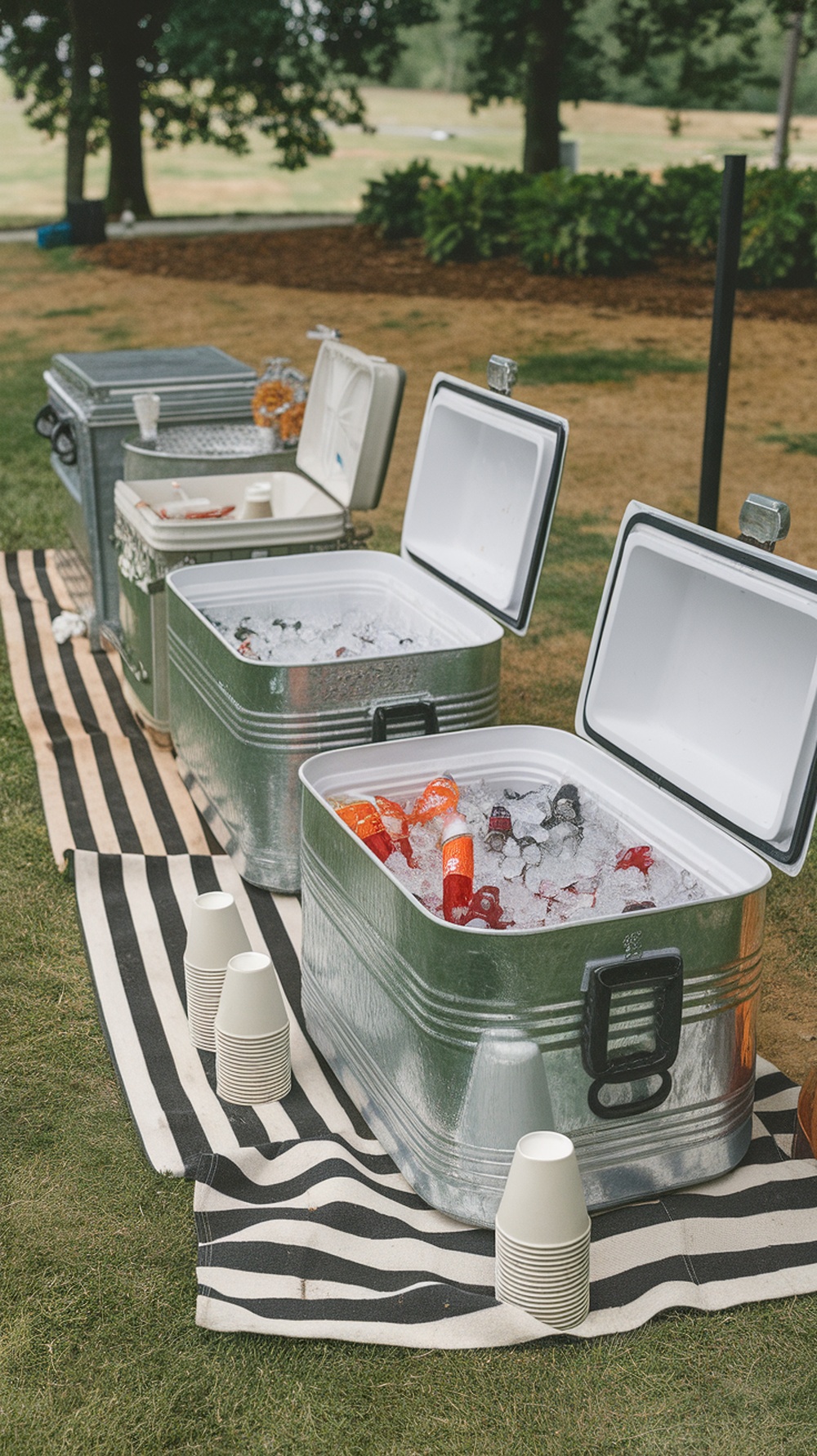 A display of metal drink coolers filled with ice and beverages for a graduation party.