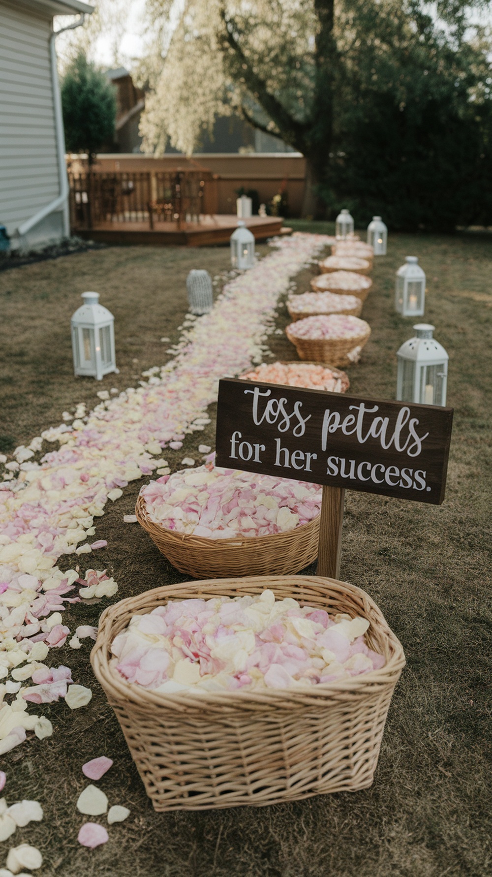 A beautiful petal toss pathway with baskets of flower petals and lanterns, creating a festive atmosphere for a graduation party.
