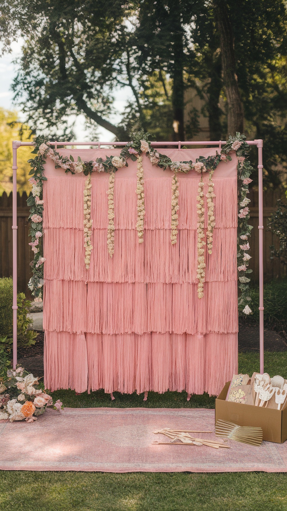A pink tassel curtain photo booth decorated with flowers and props for a graduation party