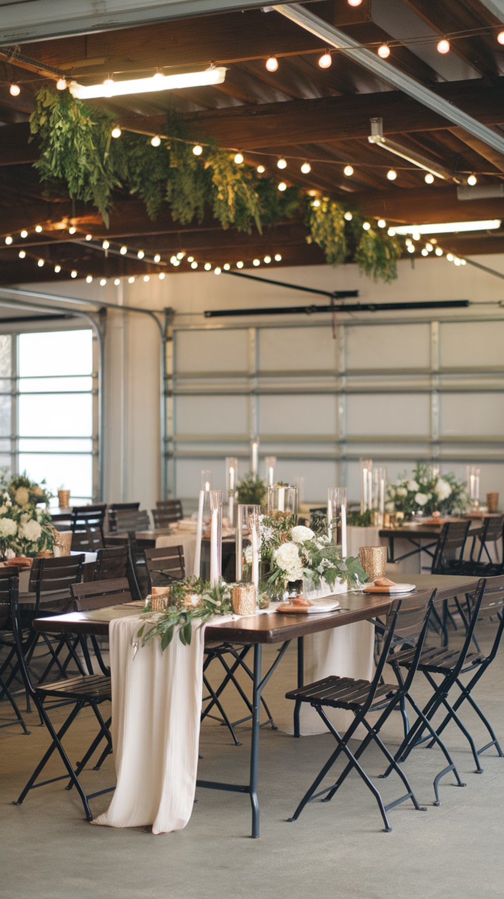 A modern garage dinner party setup with wooden tables, black chairs, flowers, and string lights.