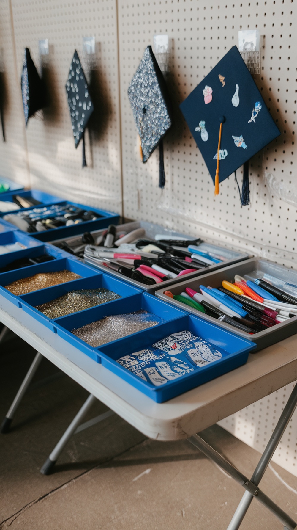 A table set up for decorating graduation caps with various art supplies.