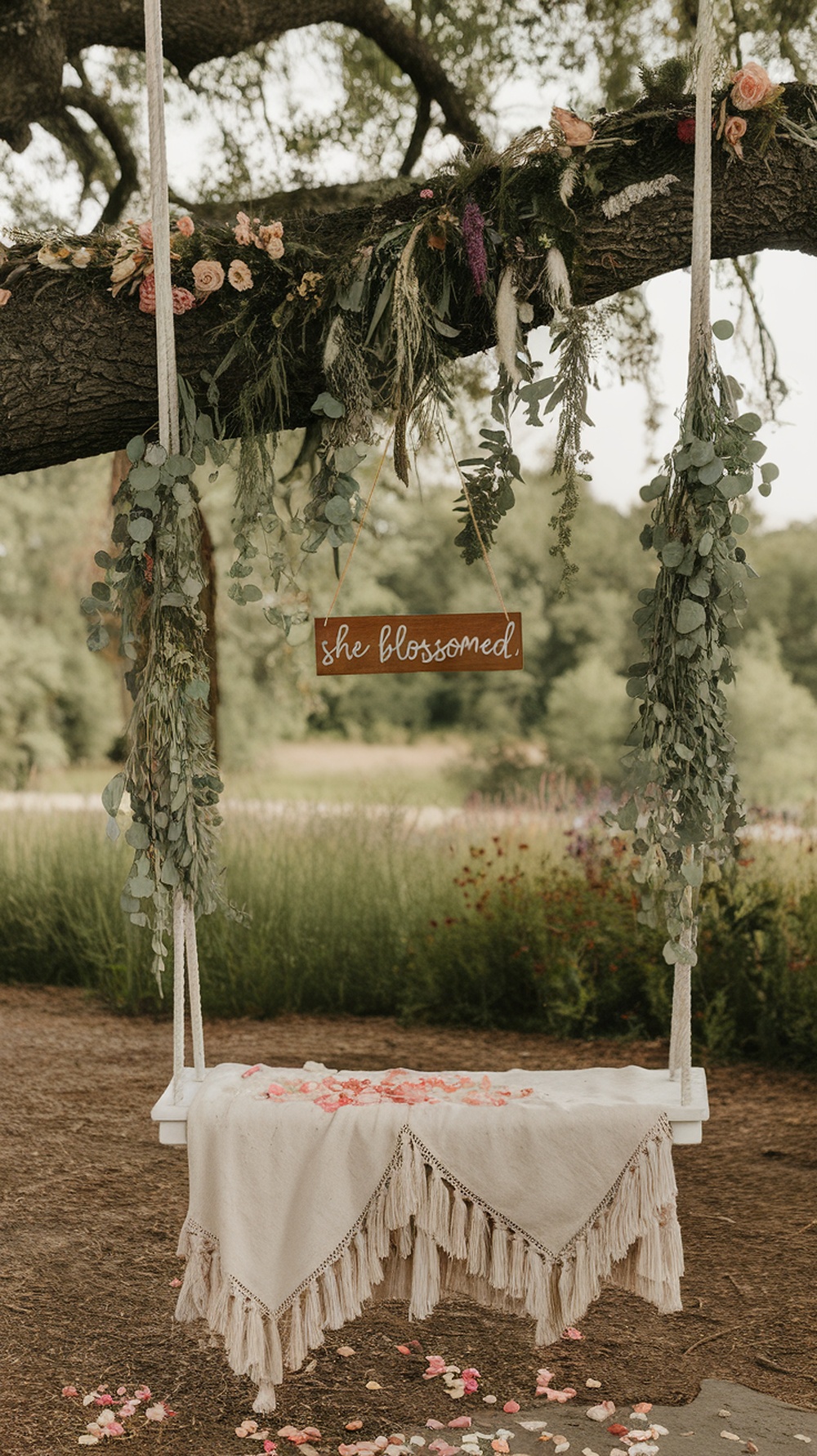 A boho flower swing decorated with flowers and a wooden sign that says 'she blossomed.'