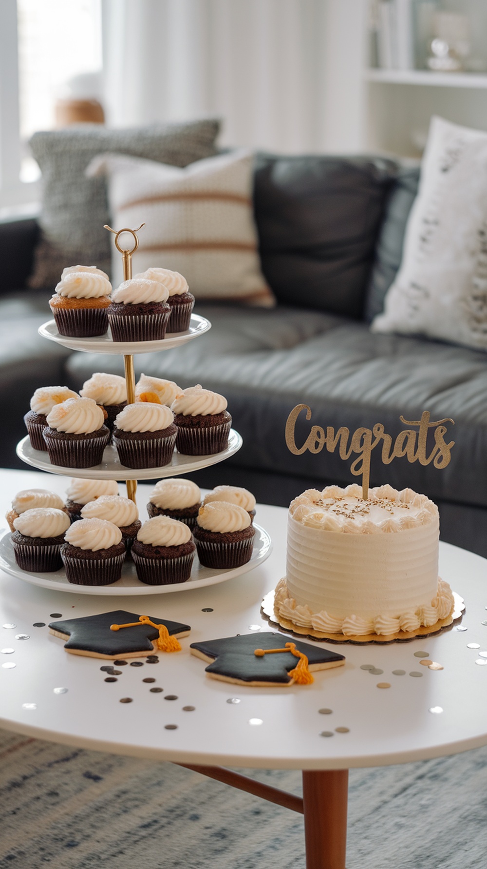A coffee table decorated with a tiered dessert stand filled with cupcakes, a cake, and graduation-themed cookies.