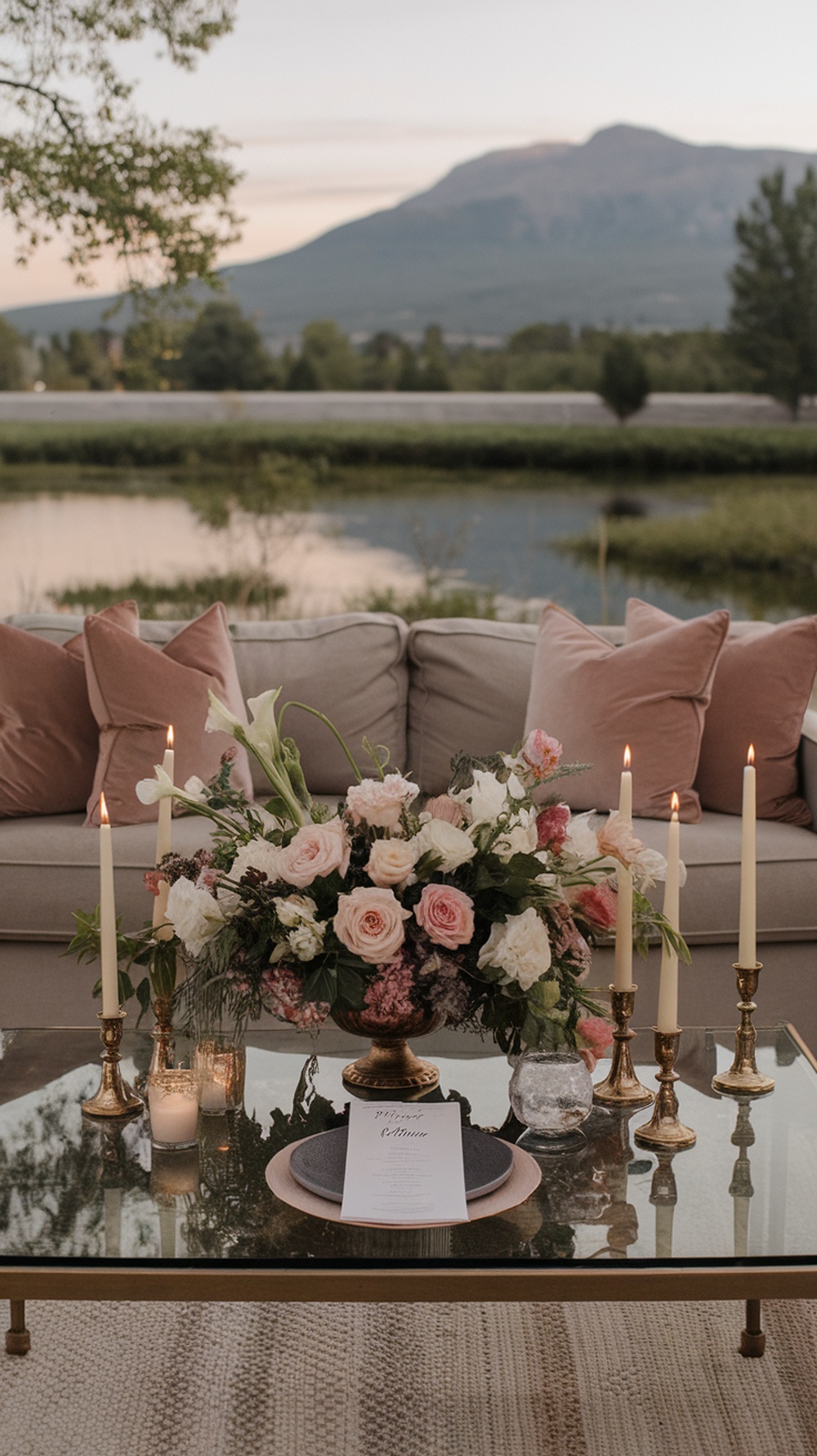 A cozy living room setup for a graduation party featuring a floral centerpiece, candles, and soft pillows.