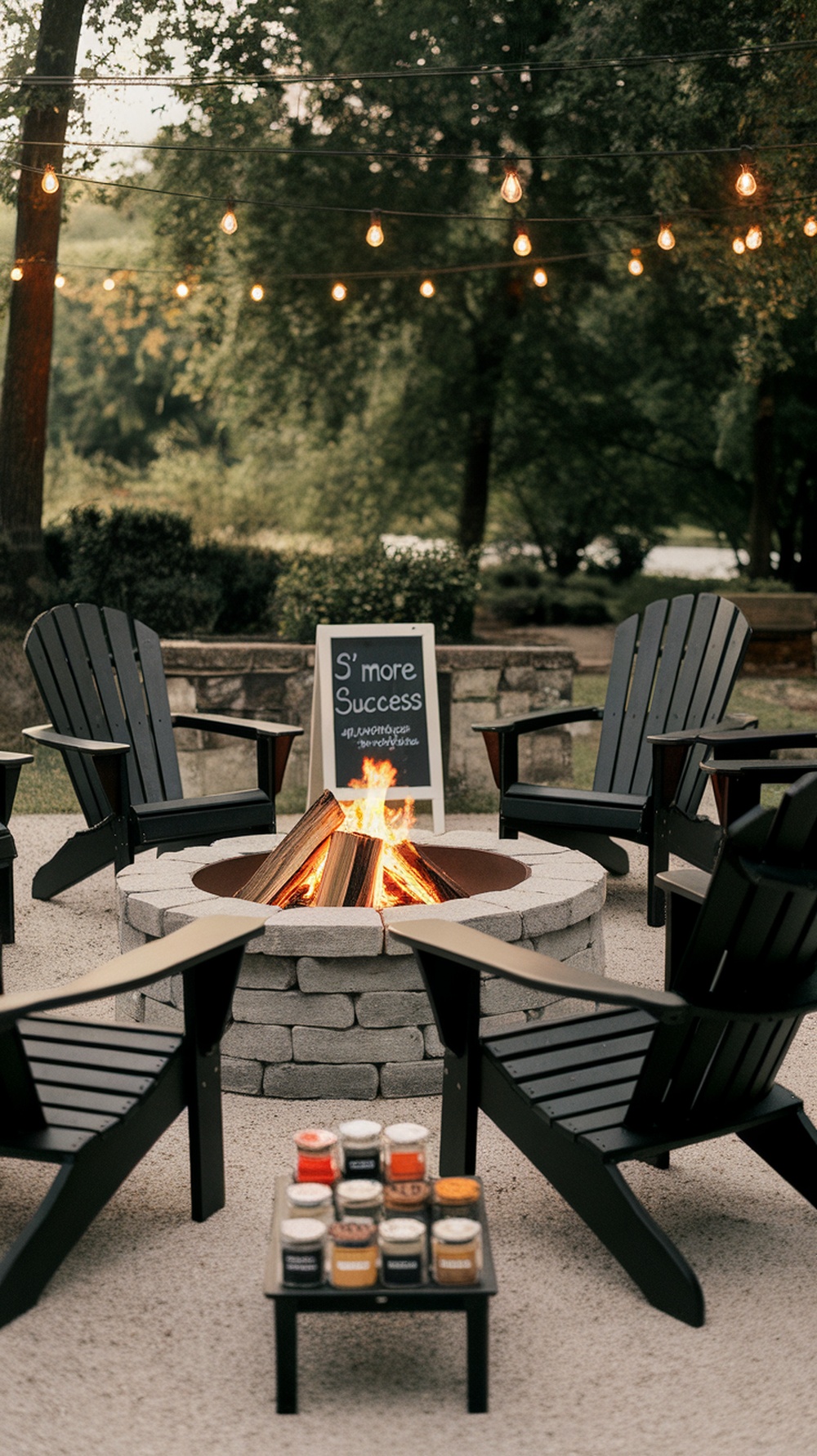 A cozy firepit setup with chairs, string lights, and a sign saying 'S'more Success'.