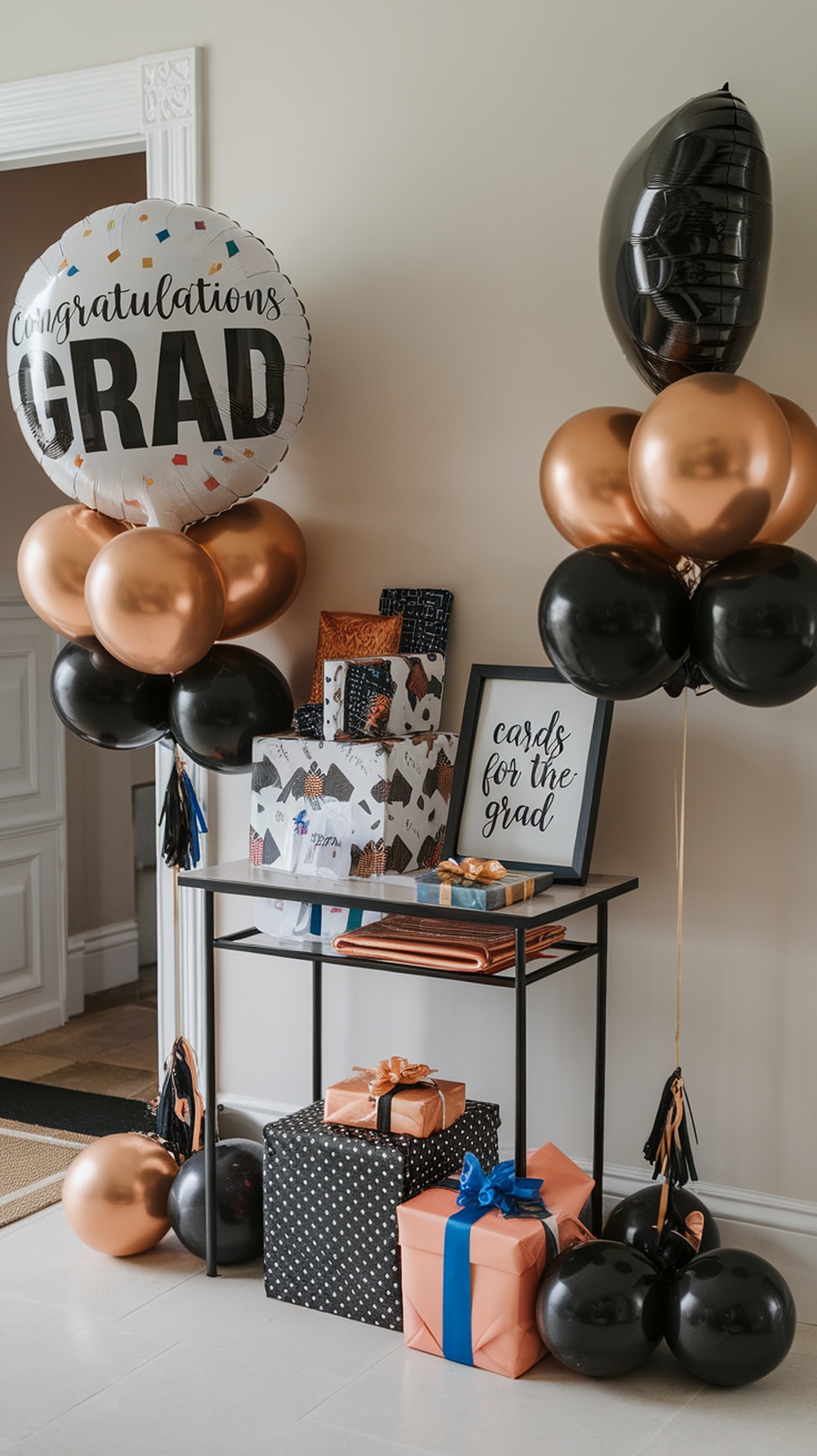 A stylish gift and card drop station for a graduation party, featuring balloons, wrapped gifts, and a sign.