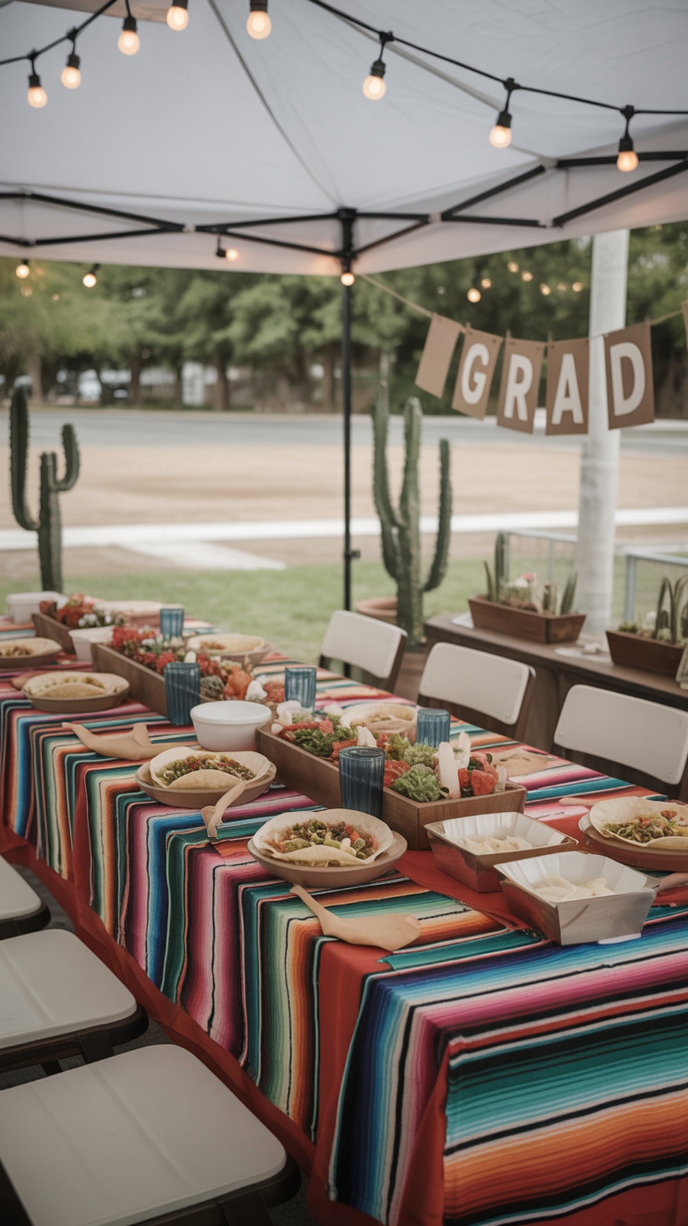 A colorful taco bar picnic station with various toppings and tortillas for a graduation party.