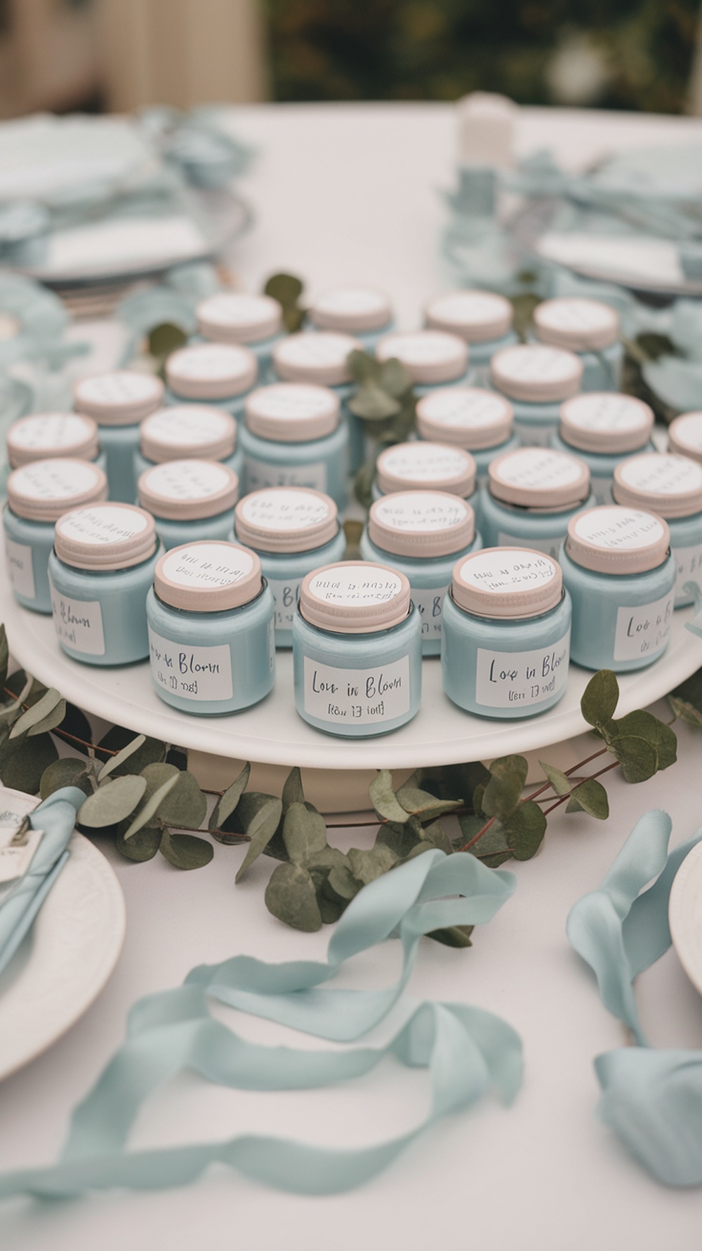 A beautifully arranged table featuring custom blue candles with personalized labels, surrounded by eucalyptus leaves and soft blue ribbons.