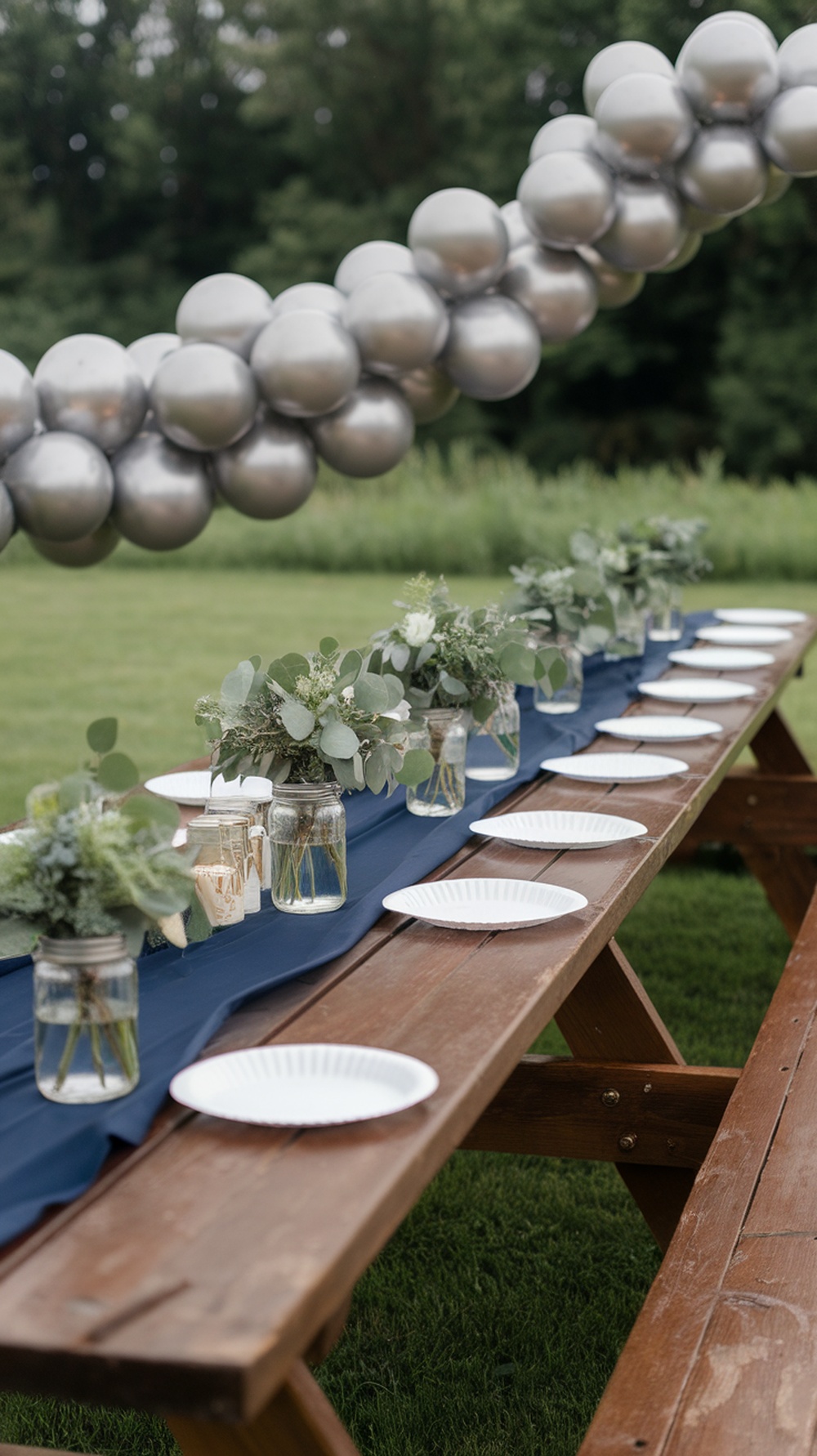 Navy and silver picnic table setup with mason jar centerpieces and silver balloons
