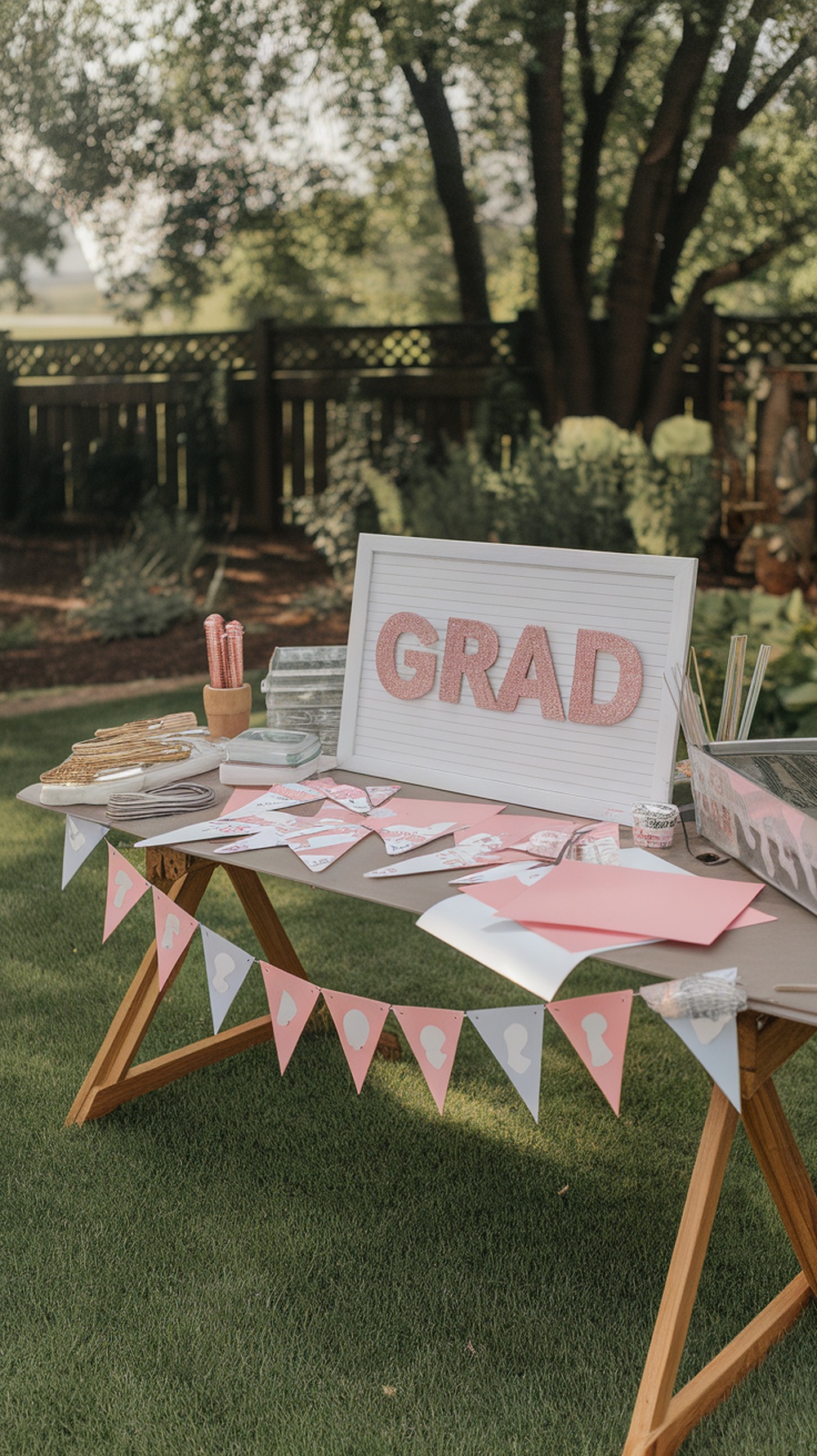 A table set up for a graduation party with a 'GRAD' sign, crafting supplies, and a colorful garland.