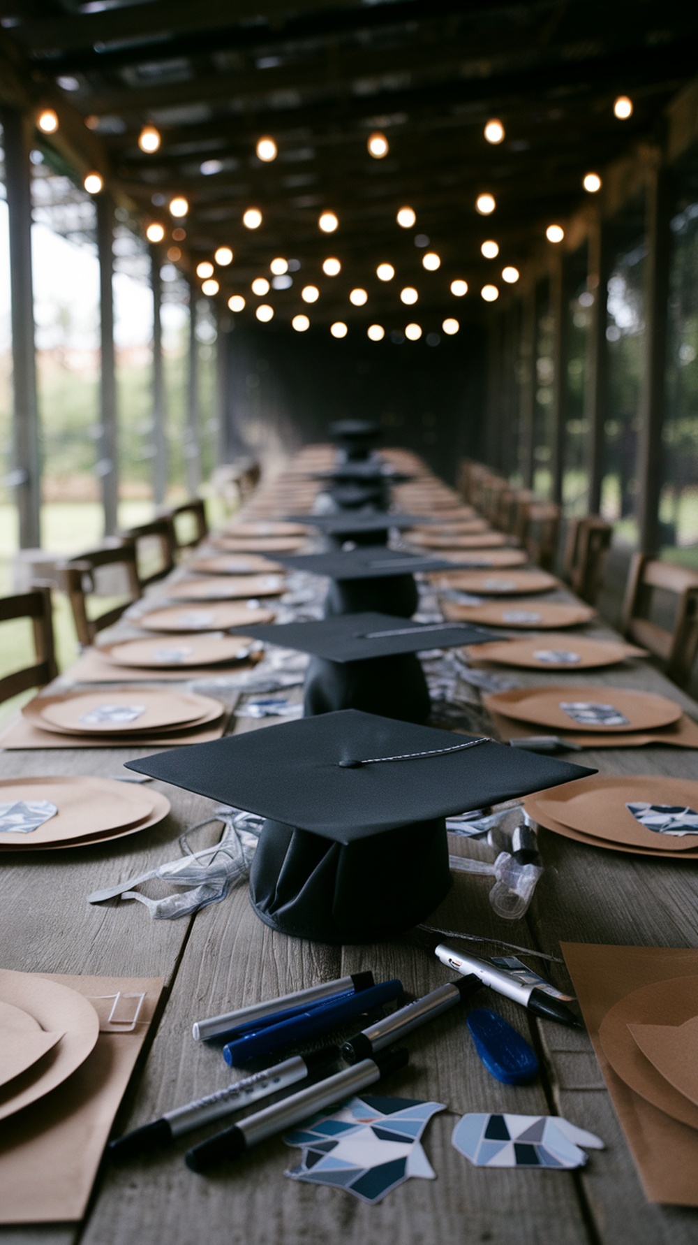 A long table set up for a graduation party with black graduation caps, brown plates, and decorating supplies.