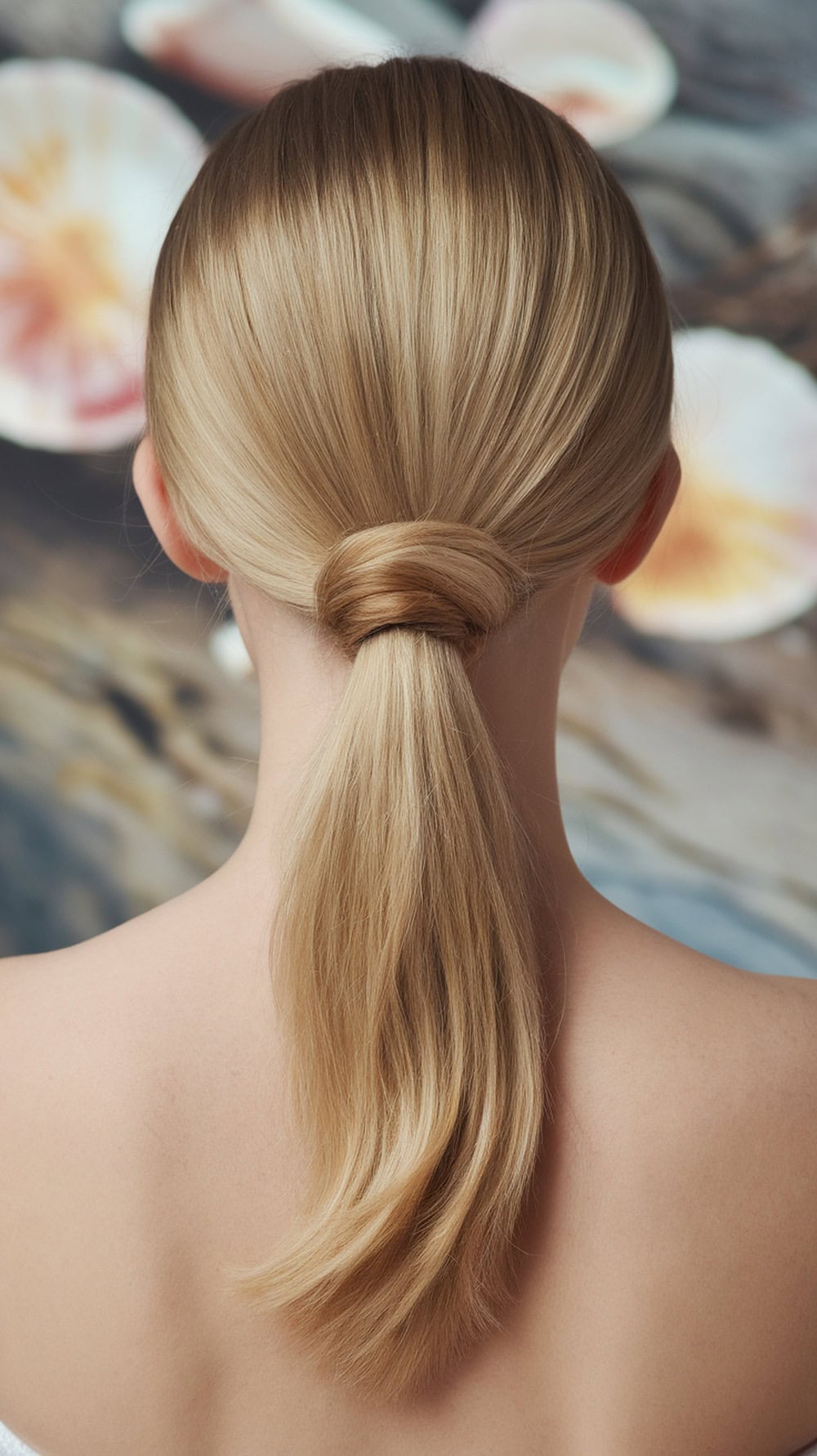 A textured low ponytail hairstyle with a wrapped strand, showcasing smooth straight hair.