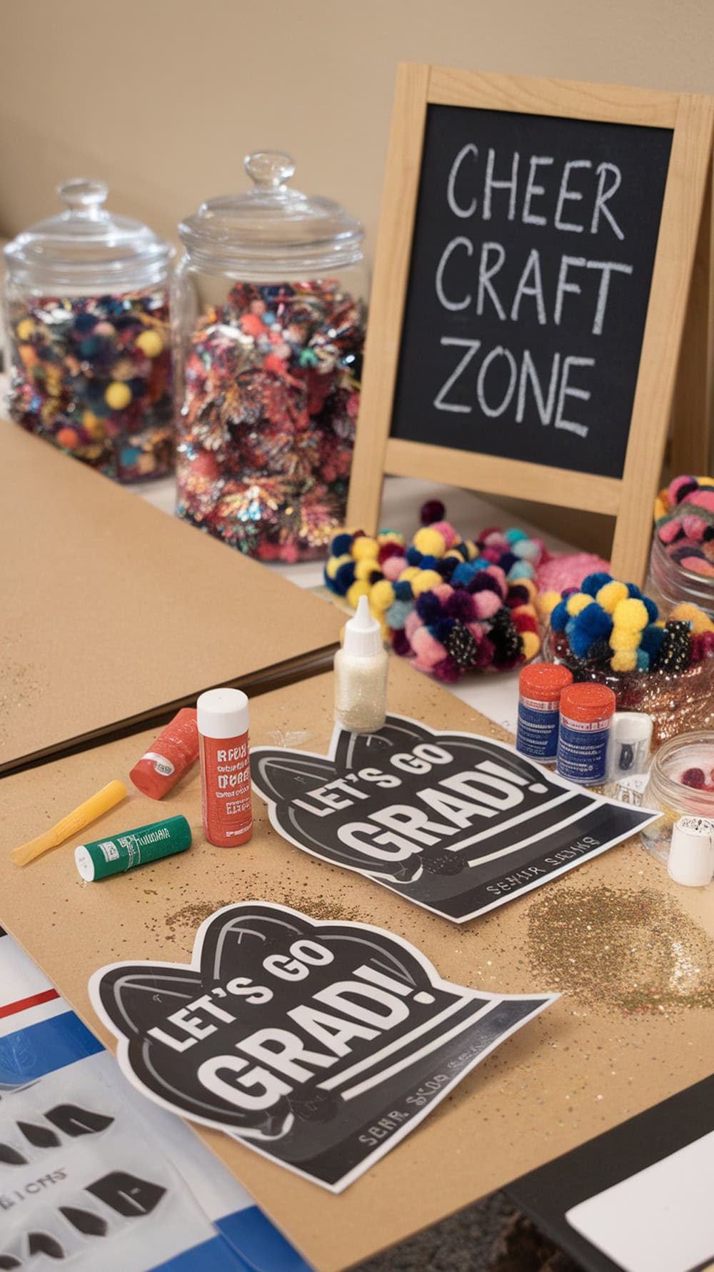 A colorful DIY craft station for making cheer signs with glitter and glue.