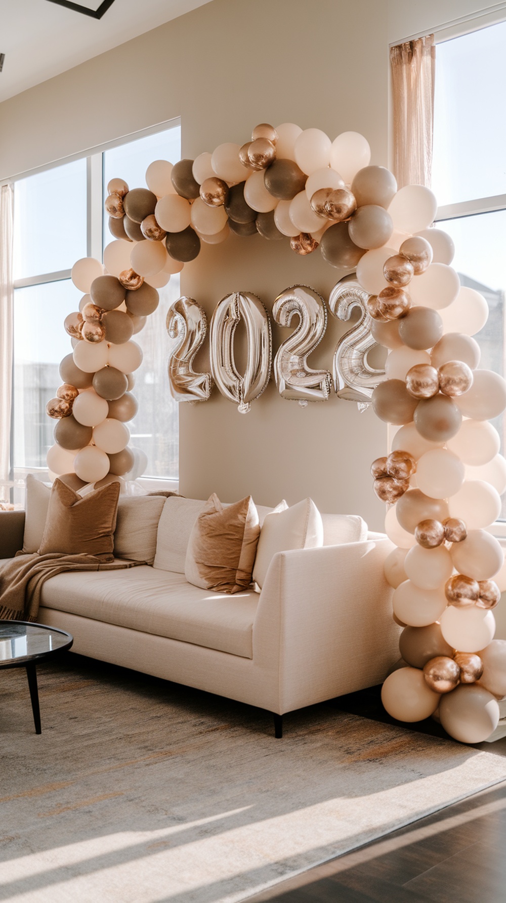 A stylish balloon arch in soft colors over a sofa, celebrating a graduation with '2022' balloons.
