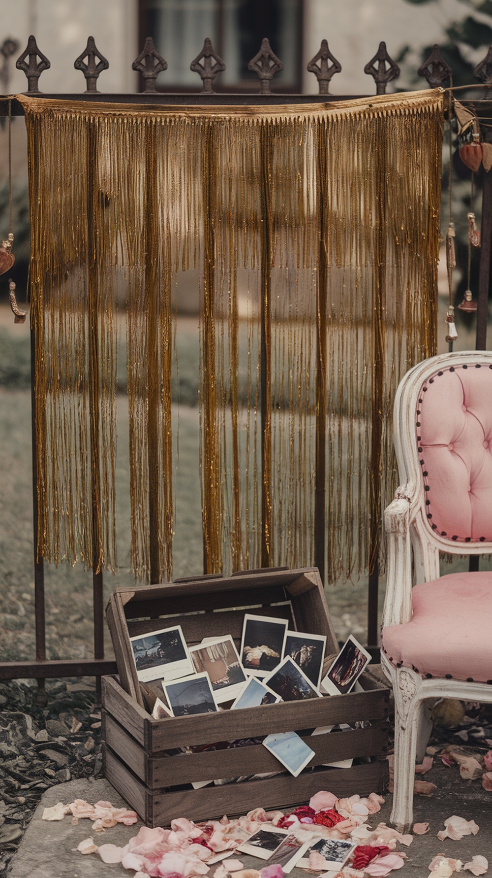 Vintage Polaroid photo backdrop with a white sheet, golden fringe, a pink chair, and a wooden crate filled with Polaroid photos.