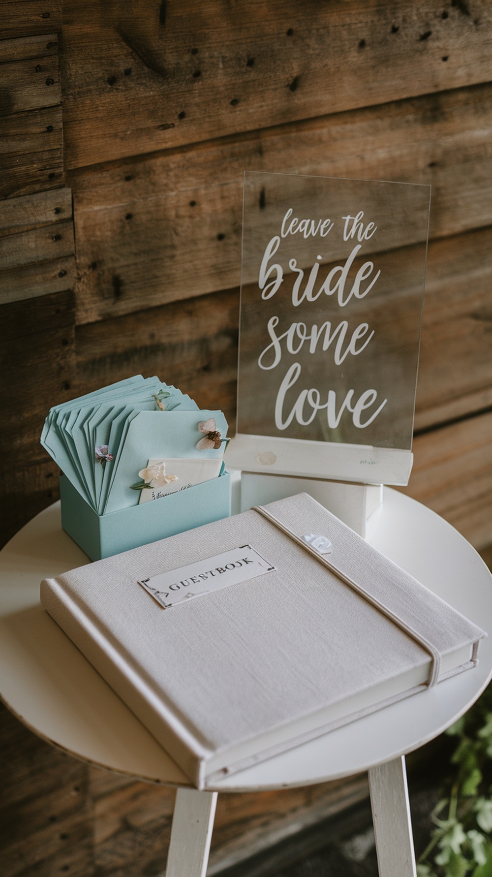 A bridal shower guestbook setup with blue envelopes and a sign inviting guests to leave messages for the bride.