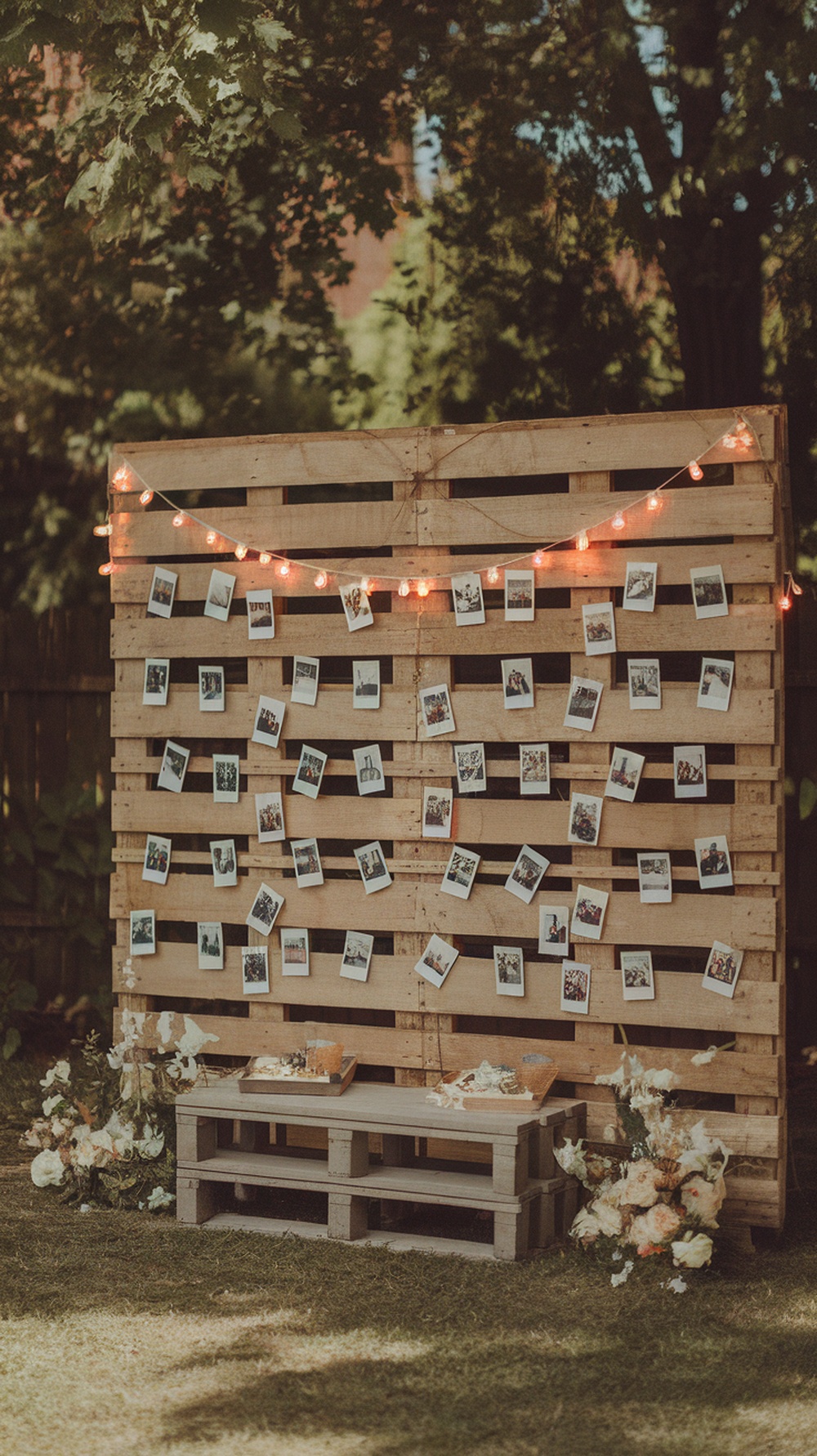 Wooden pallet with Polaroid photos and string lights for a graduation party display.