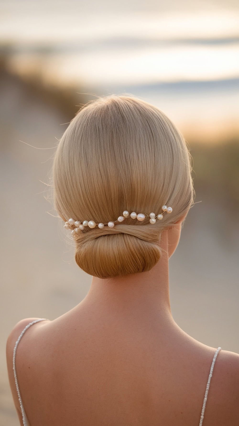 A sleek low bun hairstyle adorned with pearl pins, perfect for a beach wedding.