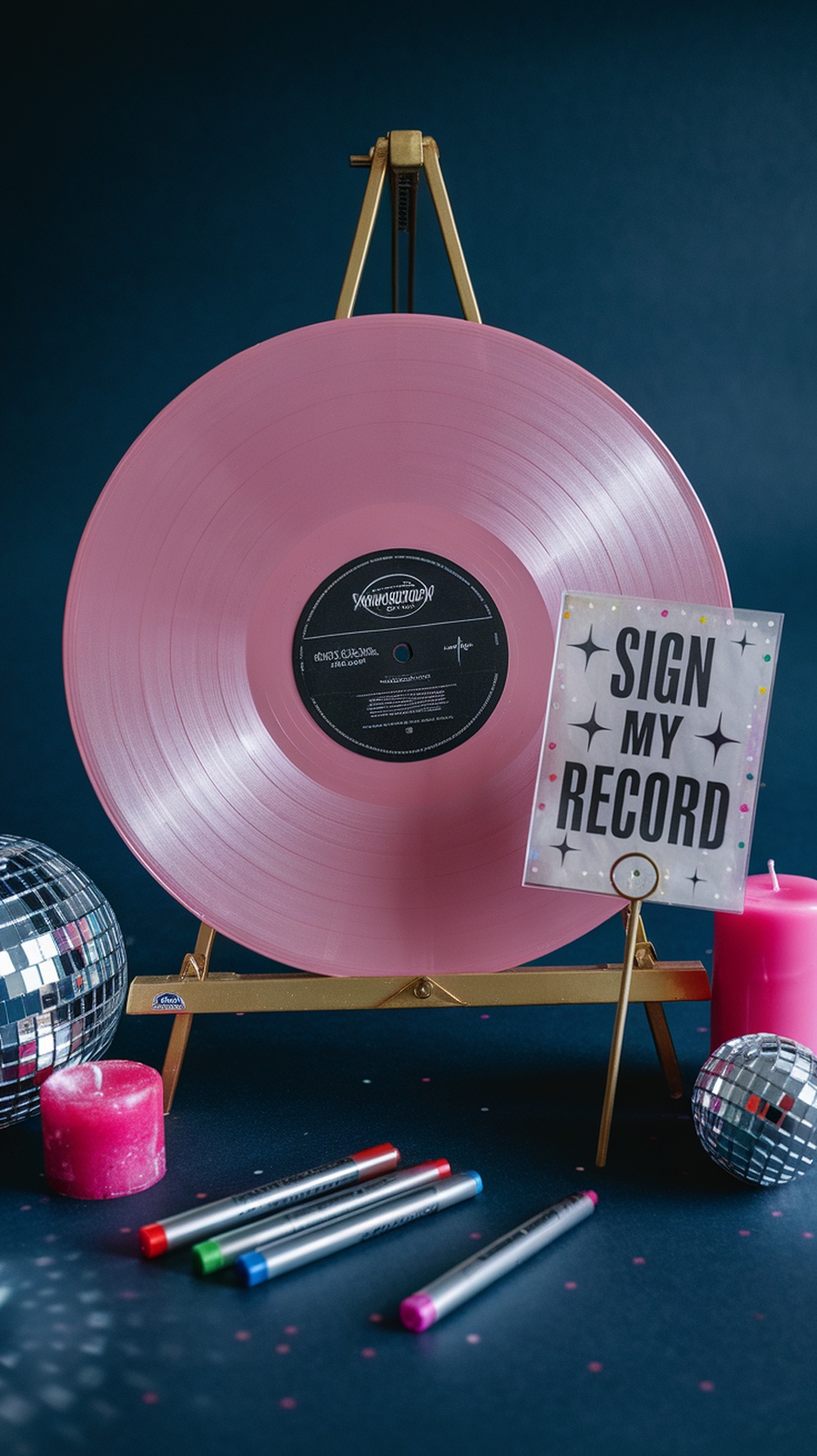 A pink vinyl record guest book with a sign that says 'Sign My Record', colorful markers, a pink candle, and a disco ball.