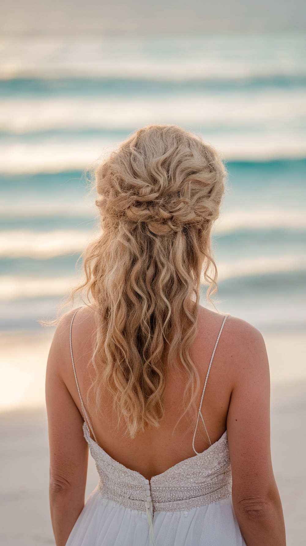 A woman with curly hair styled in a twisted crown with defined curls, standing by the beach.
