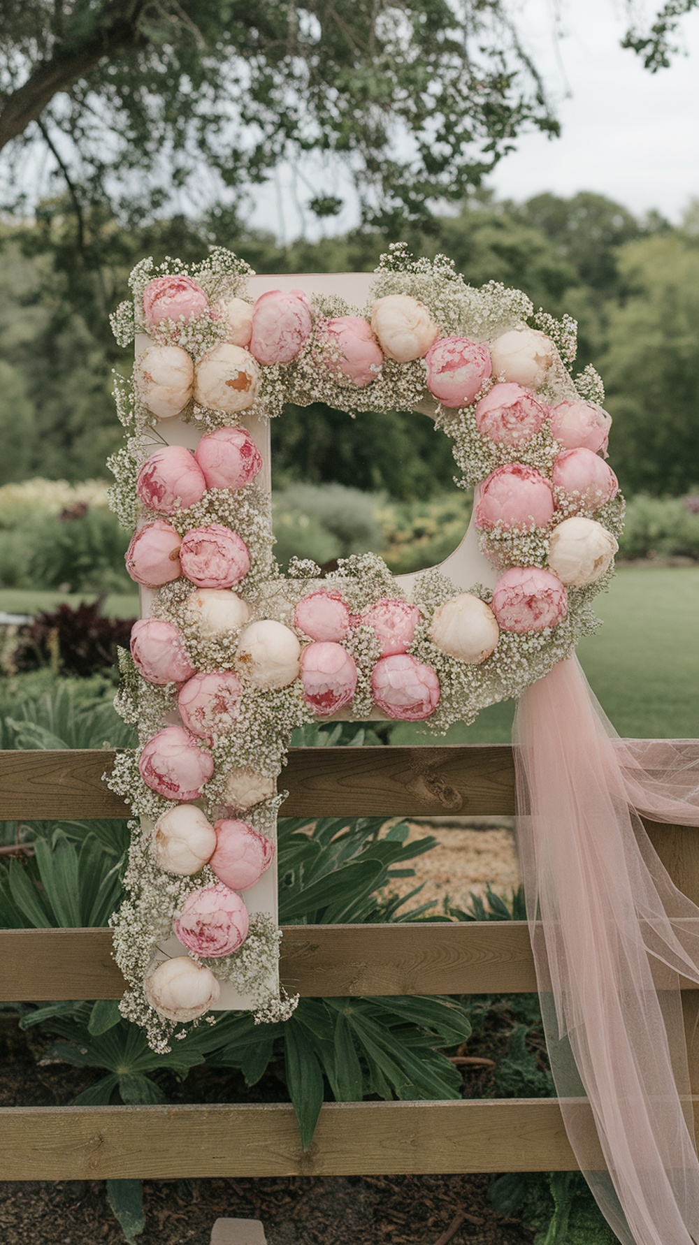A floral initial wall display featuring the letter 'P' decorated with pink peonies and baby’s breath.