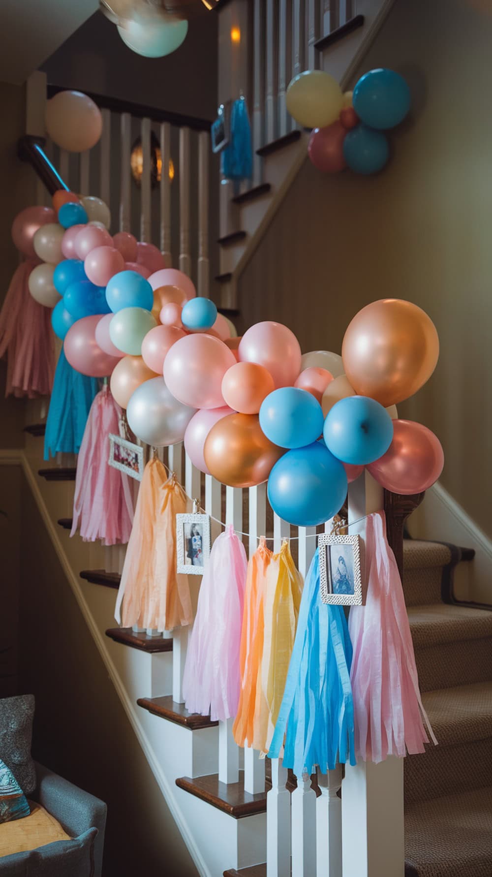 Colorful staircase garland decor with balloons and streamers for a graduation party.