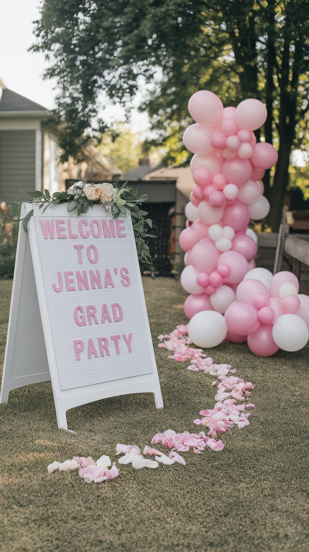 A personalized graduation sign welcoming guests to Jenna's grad party, decorated with flowers and surrounded by pink balloons.